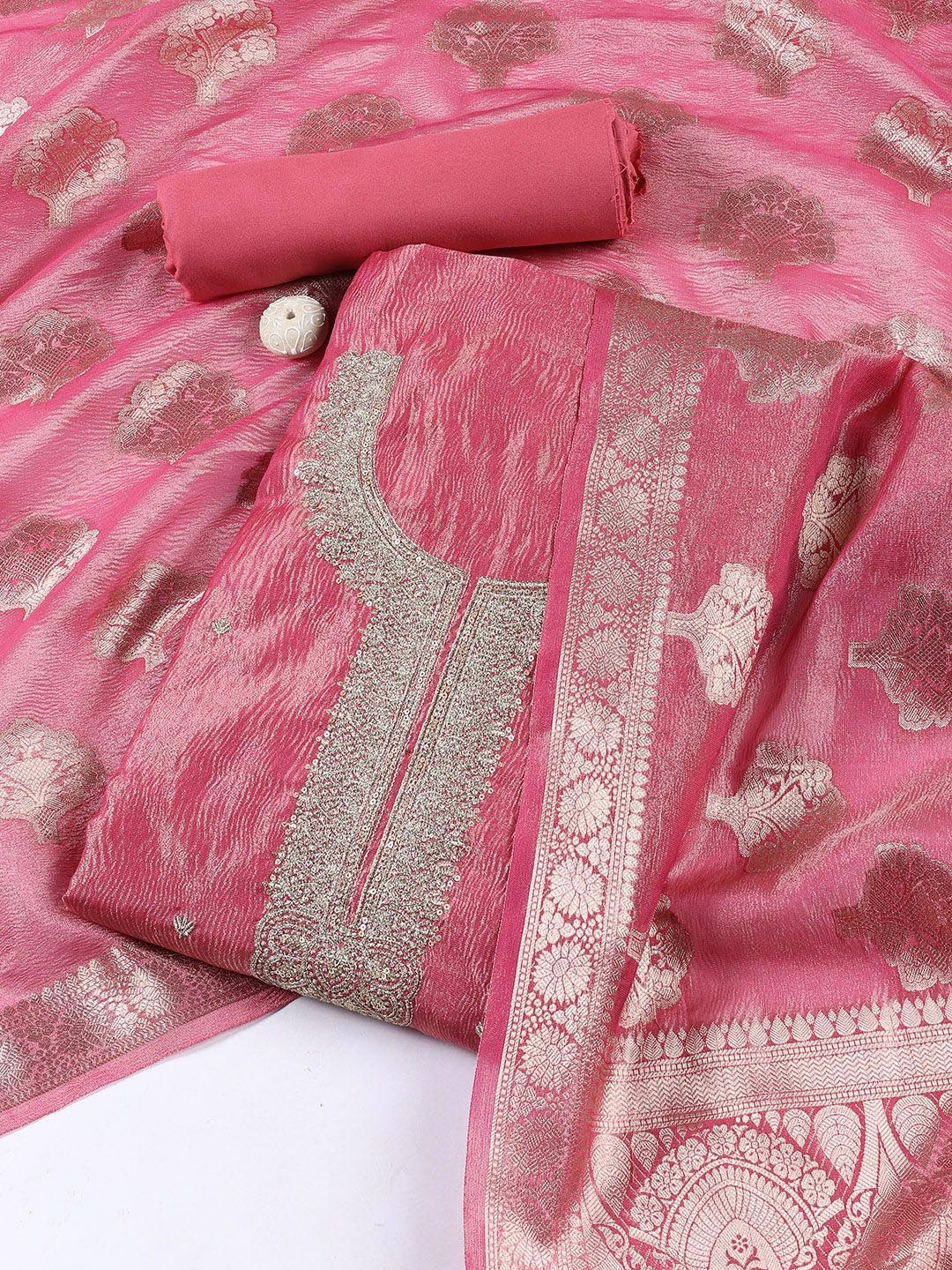 

Meena Bazaar Floral Embroidered Zari Tissue Unstitched Dress Material, Pink