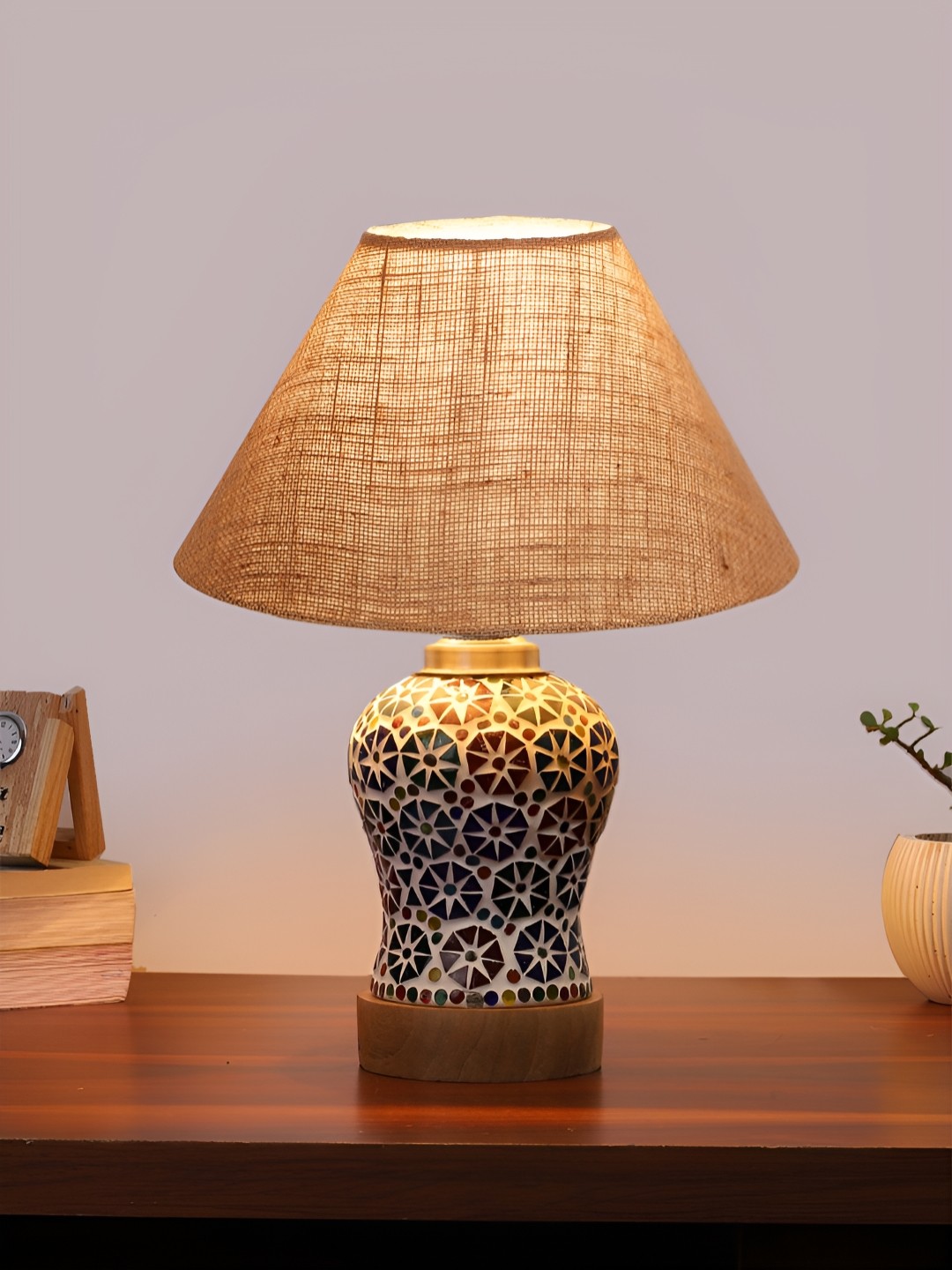 

Devansh Beige & White Printed Wooden Frustum Shaped Table Lamp With Mosaic Glass Base