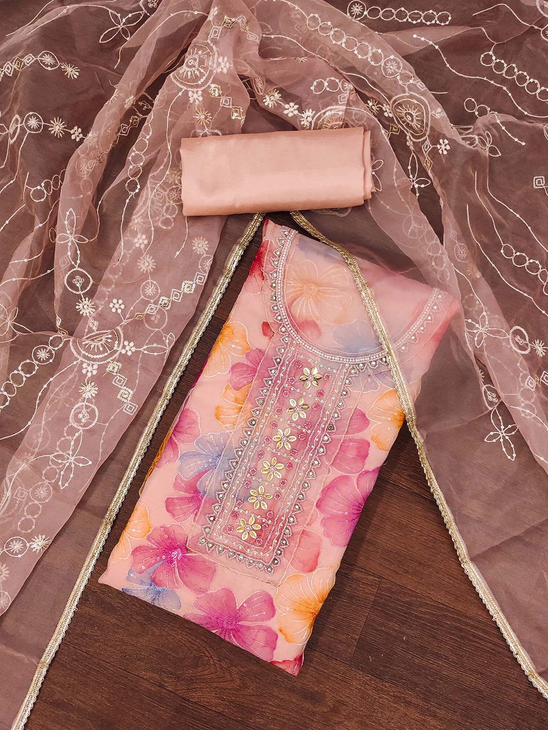 

SHADOW & SAINING Floral Embroidered Organza Semi-Stitched Dress Material, Peach