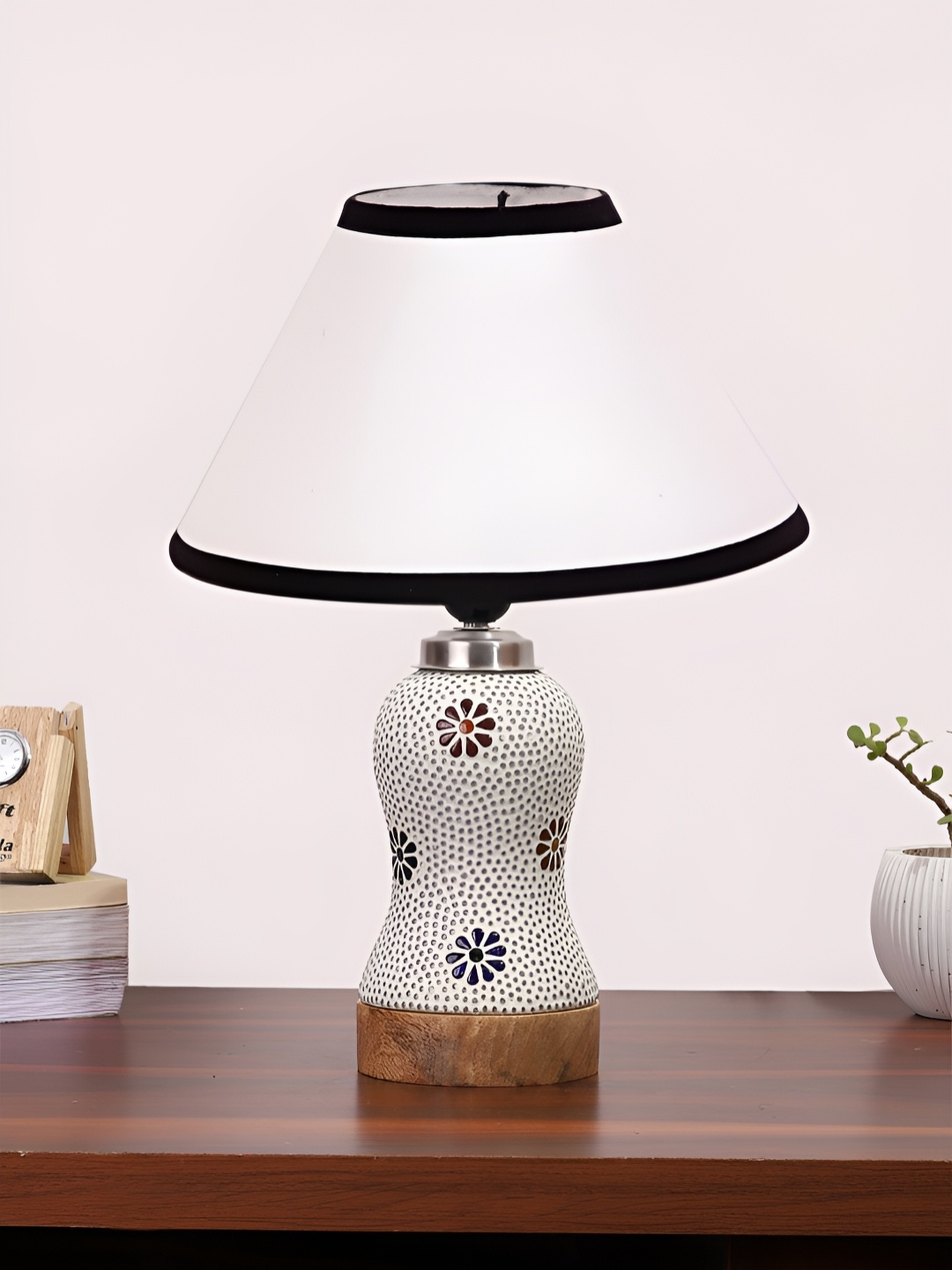 

Devansh White Printed Wooden Frustum Shaped Table Lamp With Mosaic Glass Base
