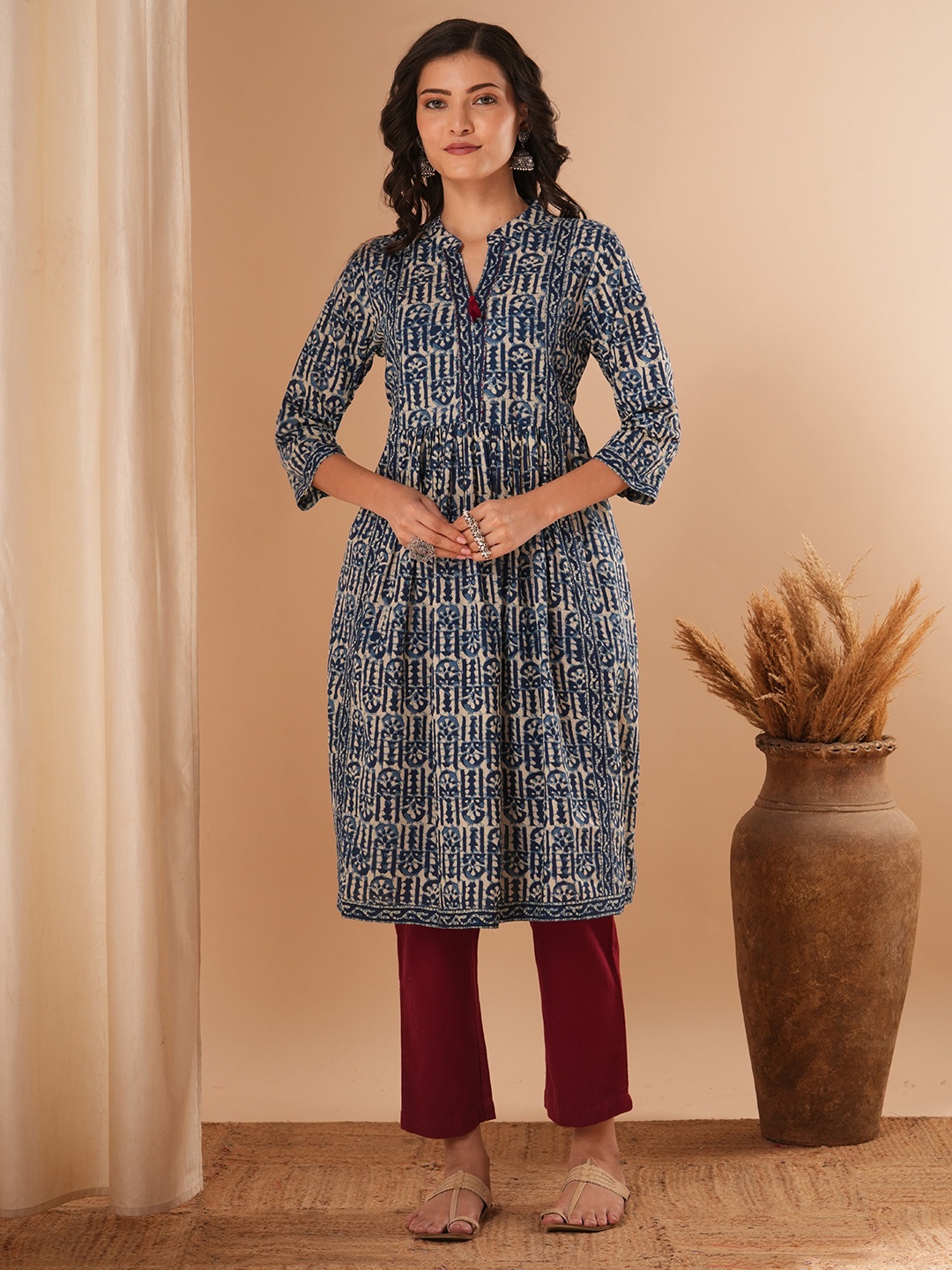 

FASHOR Ethnic Motifs Printed Mandarin Collar Cotton Anarkali Kurta, Blue