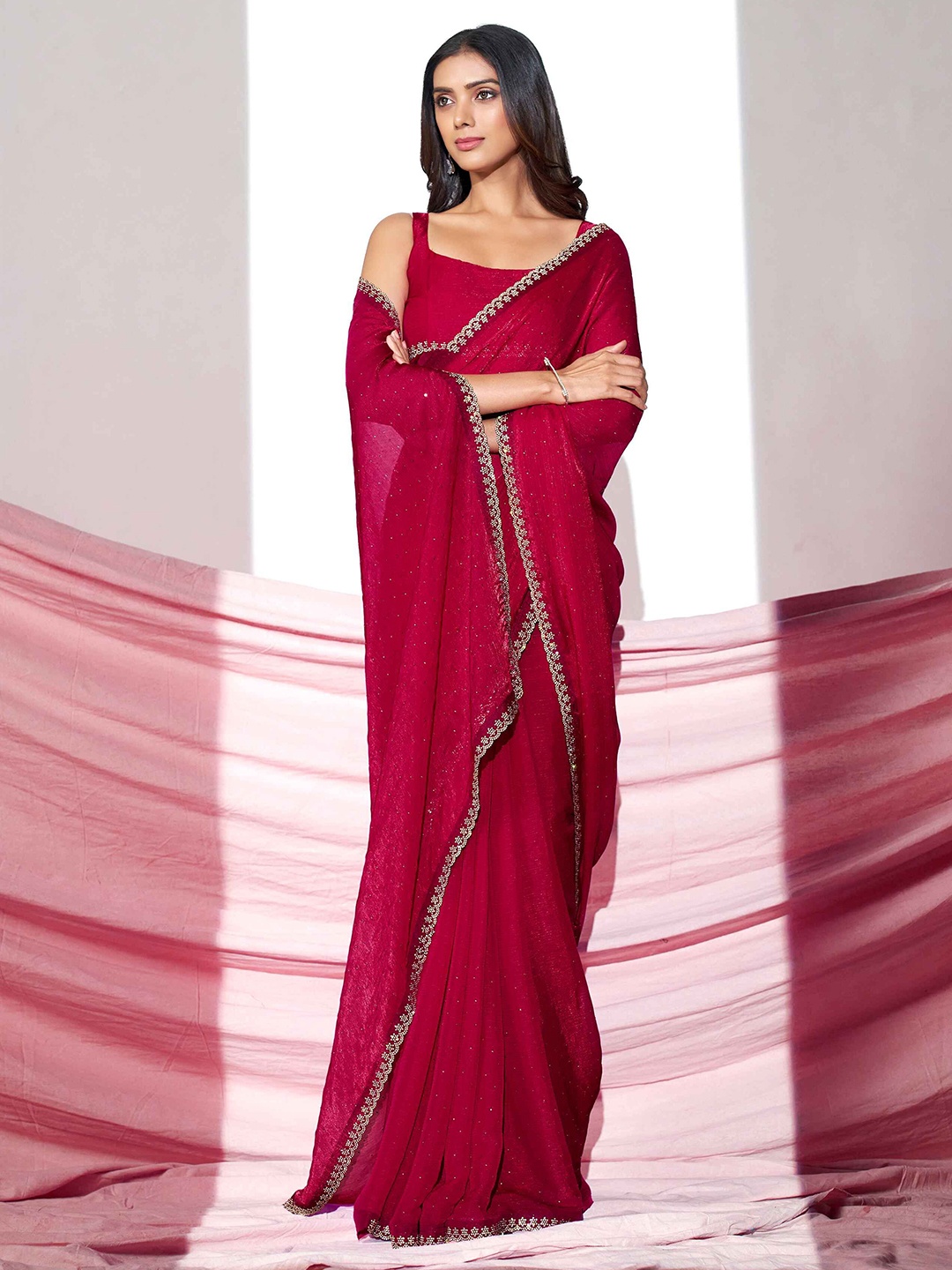 

Sangria Embellished Shimmer Look Beads and Stones Saree, Red