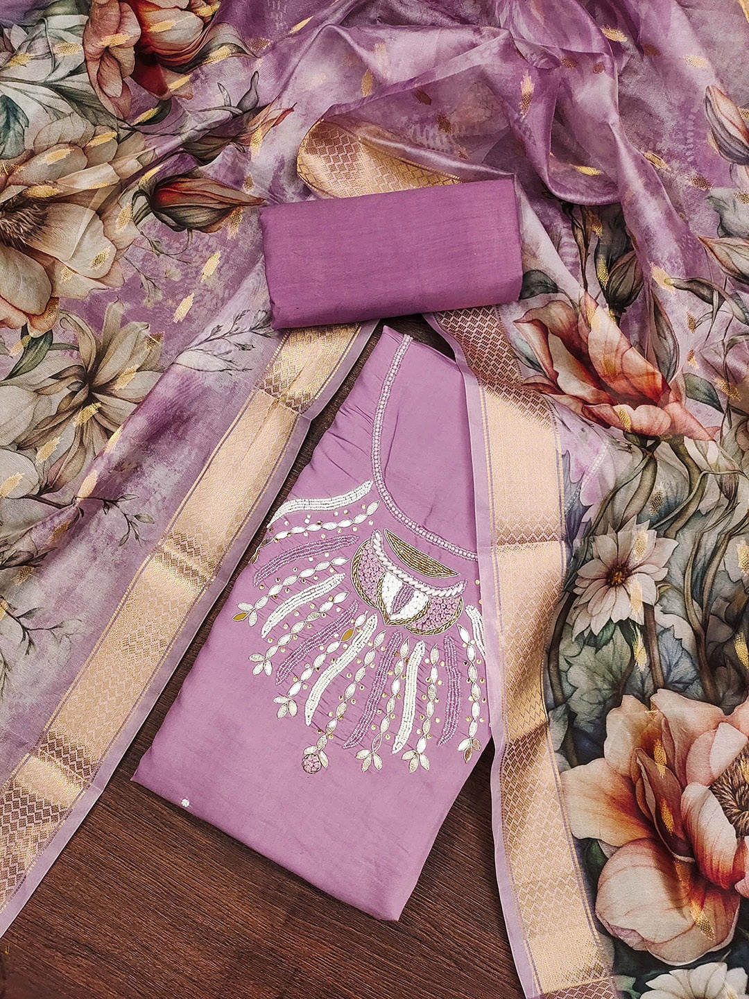

SHADOW & SAINING Floral Embroidered Beads & Stones Pure Silk Semi-Stitched Dress Material, Purple