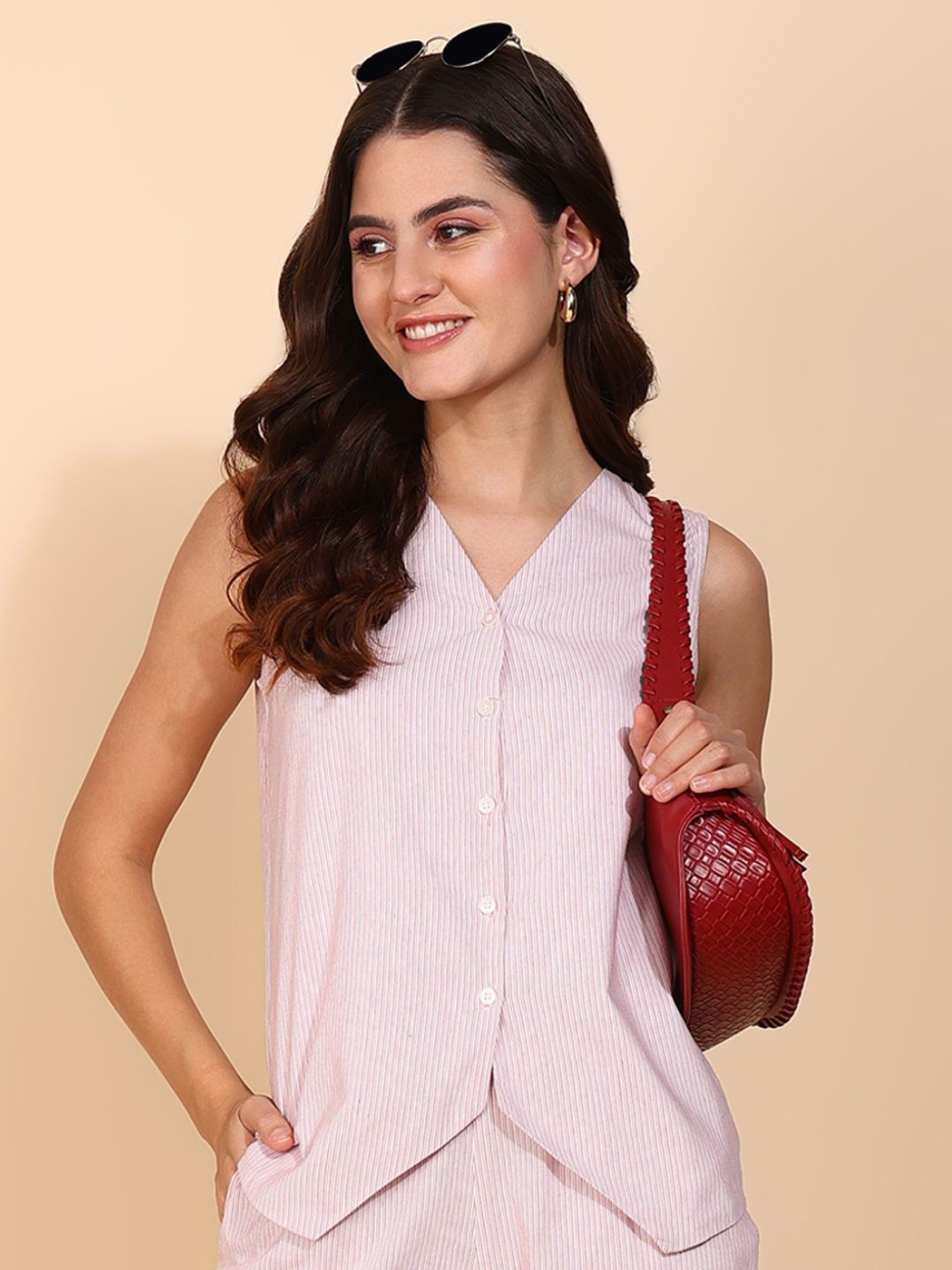 

DressBerry Women Striped V-Neck Crepe Top, Pink