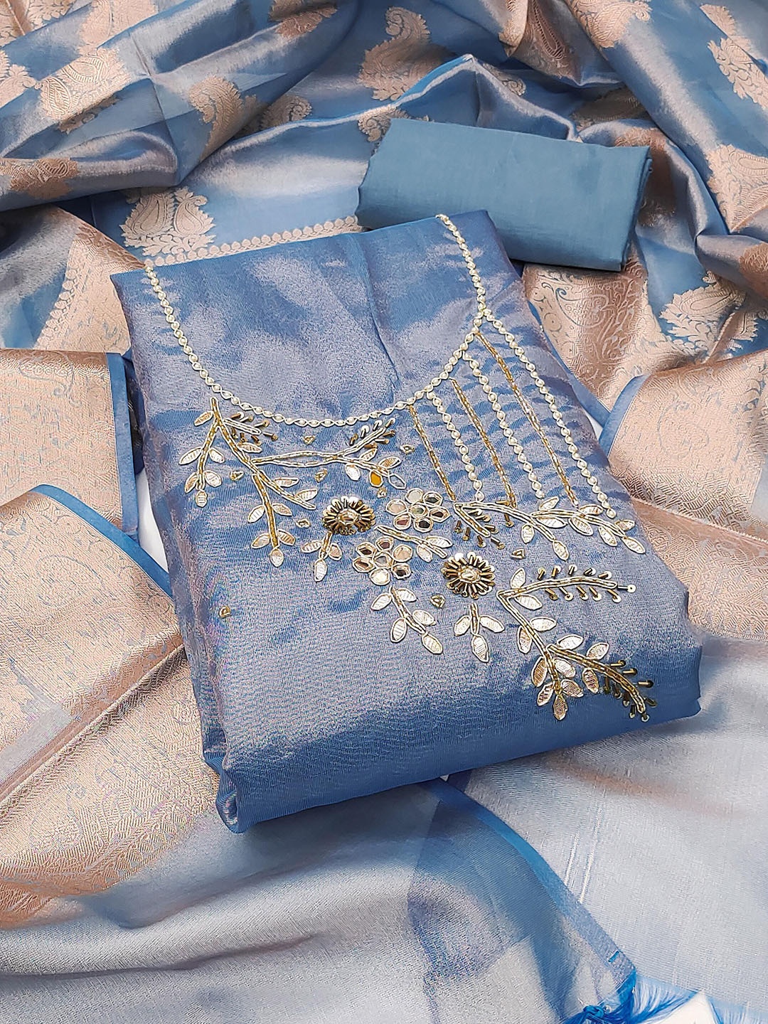 

SHADOW & SAINING Embellished Unstitched Dress Material, Blue