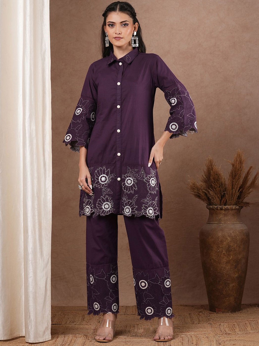 

FASHOR Floral Embroidered Straight Fit Tunic & Trousers, Purple