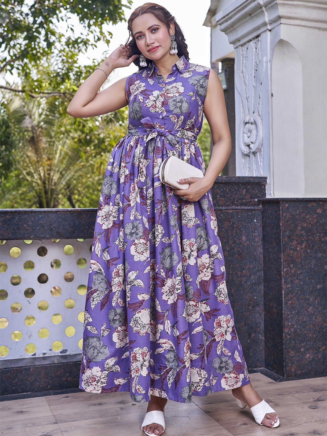 

CHANSI Women Floral Printed Shirt Collar Flared Fit & Flare Maxi Dress, Lavender