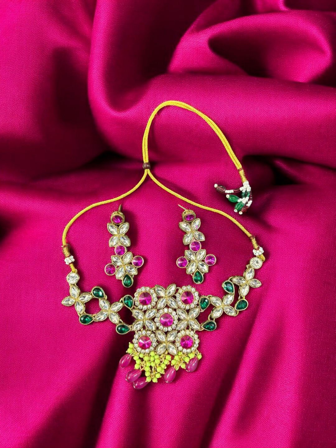 

Saree Swarg Brass-Plated Artificial Stones Studded & Beaded Jewellery Set, Pink