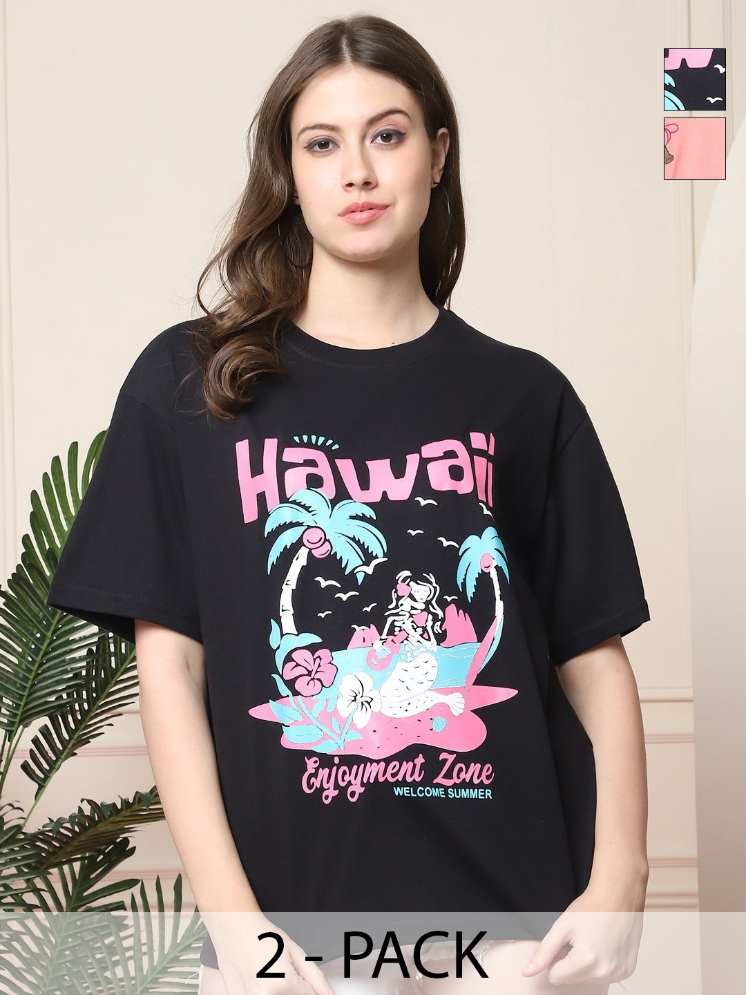 

Tromko Women Pack of 2 Pink Panther Graphic Printed Round Neck Cotton Oversized T-shirts, Black
