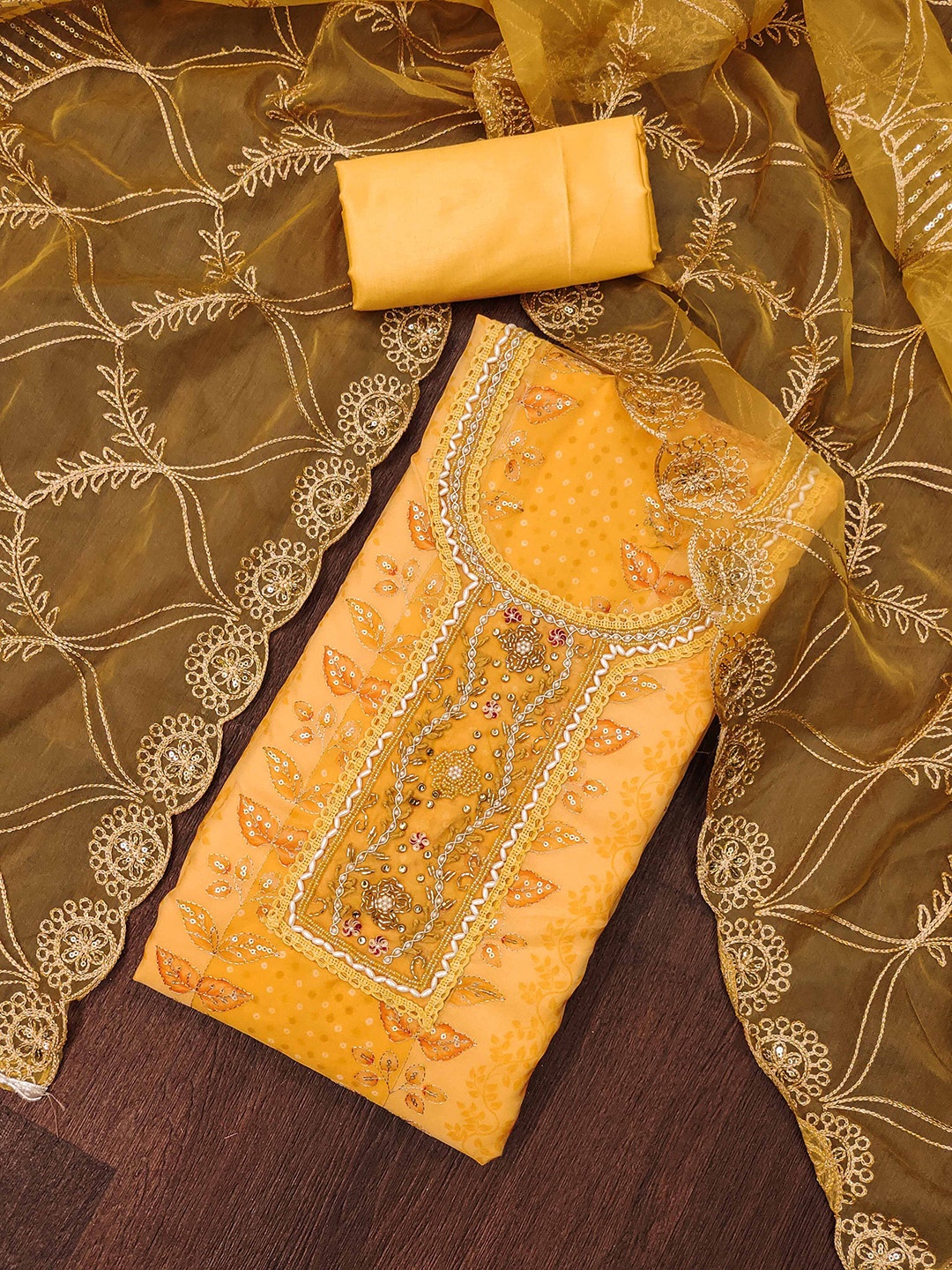 

SHADOW & SAINING Floral Woven Design Embellished Organza Semi-Stitched Dress Material, Yellow