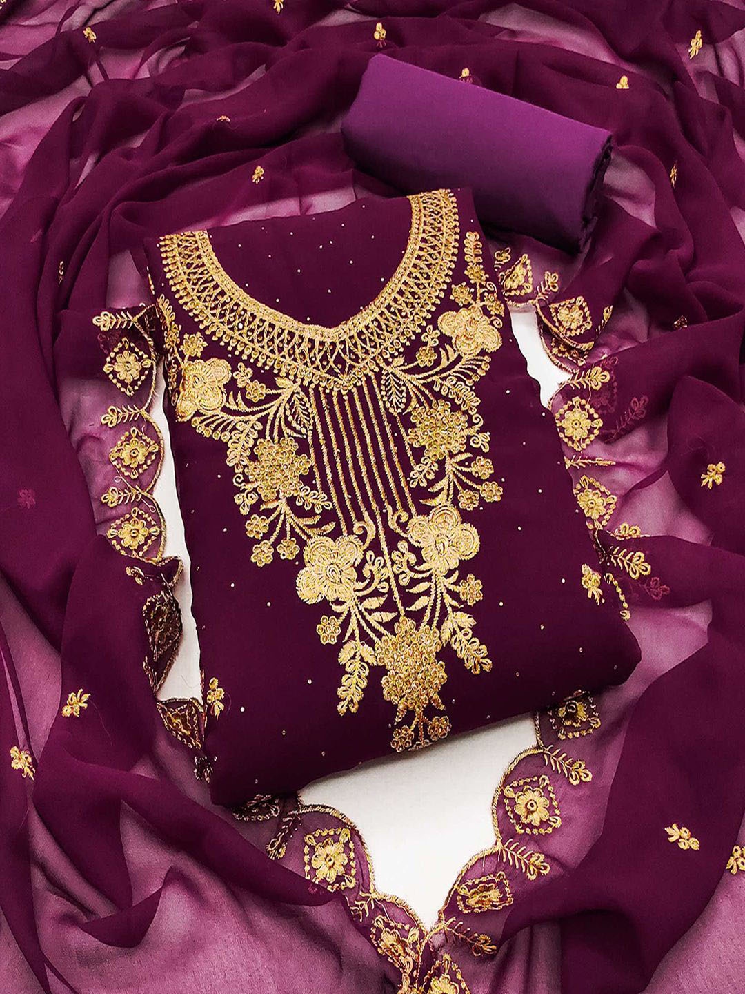

Peachmode Floral Embroidered Zari Silk Georgette Unstitched Dress Material, Purple