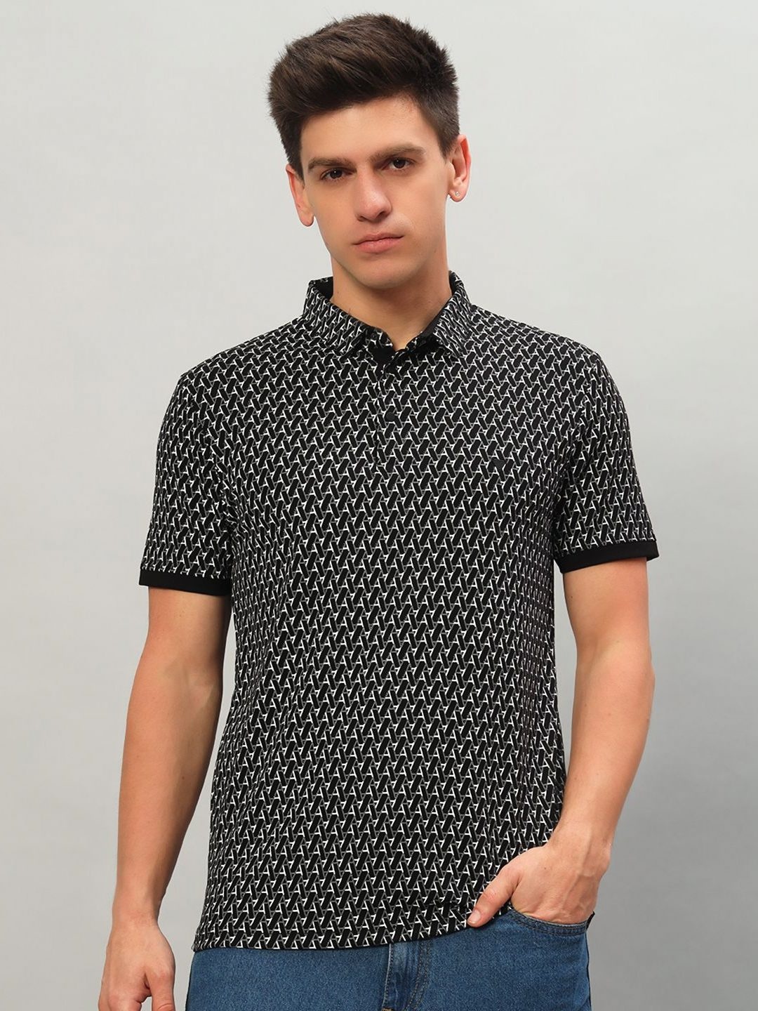 

PROFY Men Geometric Printed Polo Collar Cotton T-shirt, Black