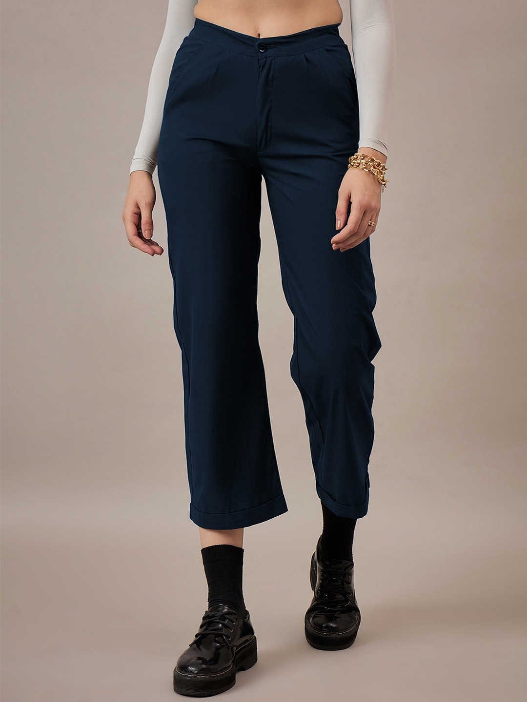 

CORSICA Women Cotton Relaxed Straight Fit High-Rise Easy Wash Pleated Regular Trousers, Navy blue