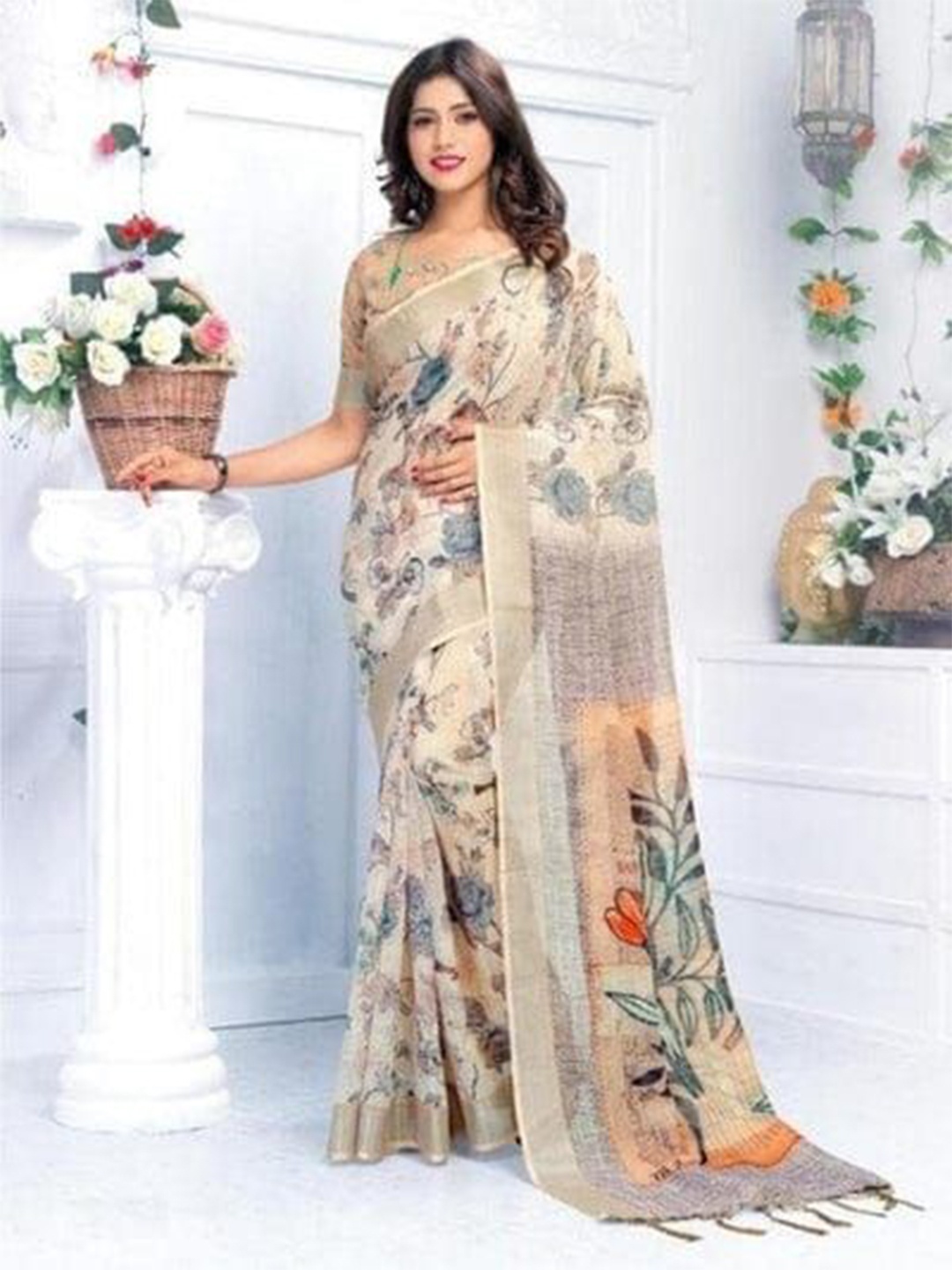 

Mitera Floral Printed Pure Cotton Saree, Grey