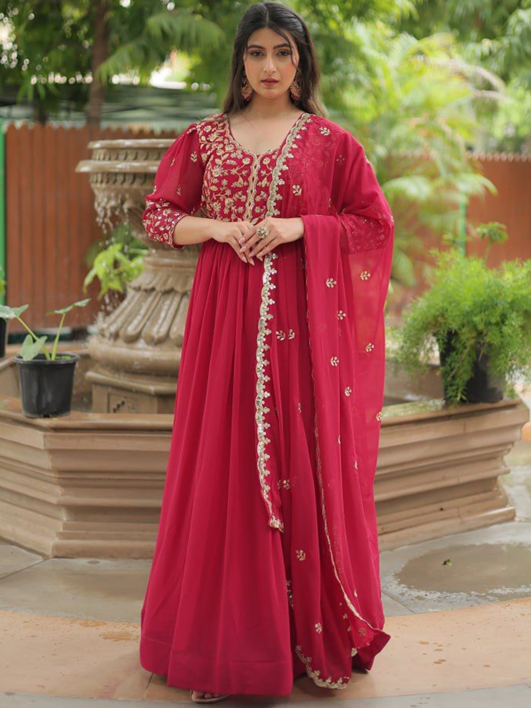 

ZIBLON Women Embellished Round Neck Gown With Dupatta, Pink