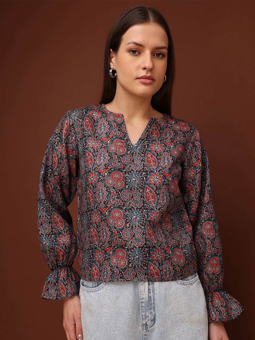 

OBSHIVKA Women Ethnic Motifs Printed Bell Sleeves Cotton Top, Black