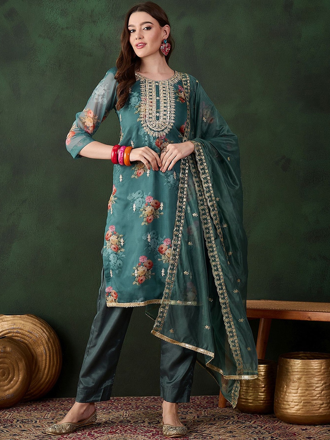 

SHADOW & SAINING Floral Embellished Beads and Stones Organza Semi-Stitched Dress Material, Sea green