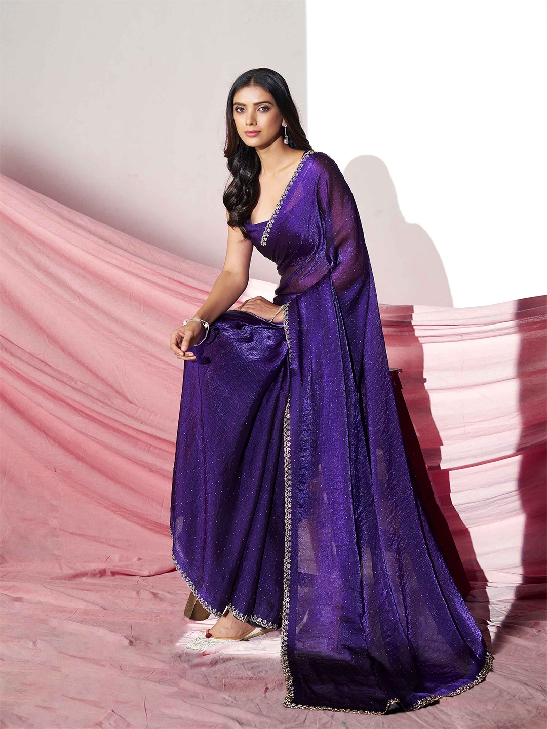 

Sangria Embellished Shimmer Beads and Stones Saree With Blouse Piece, Purple