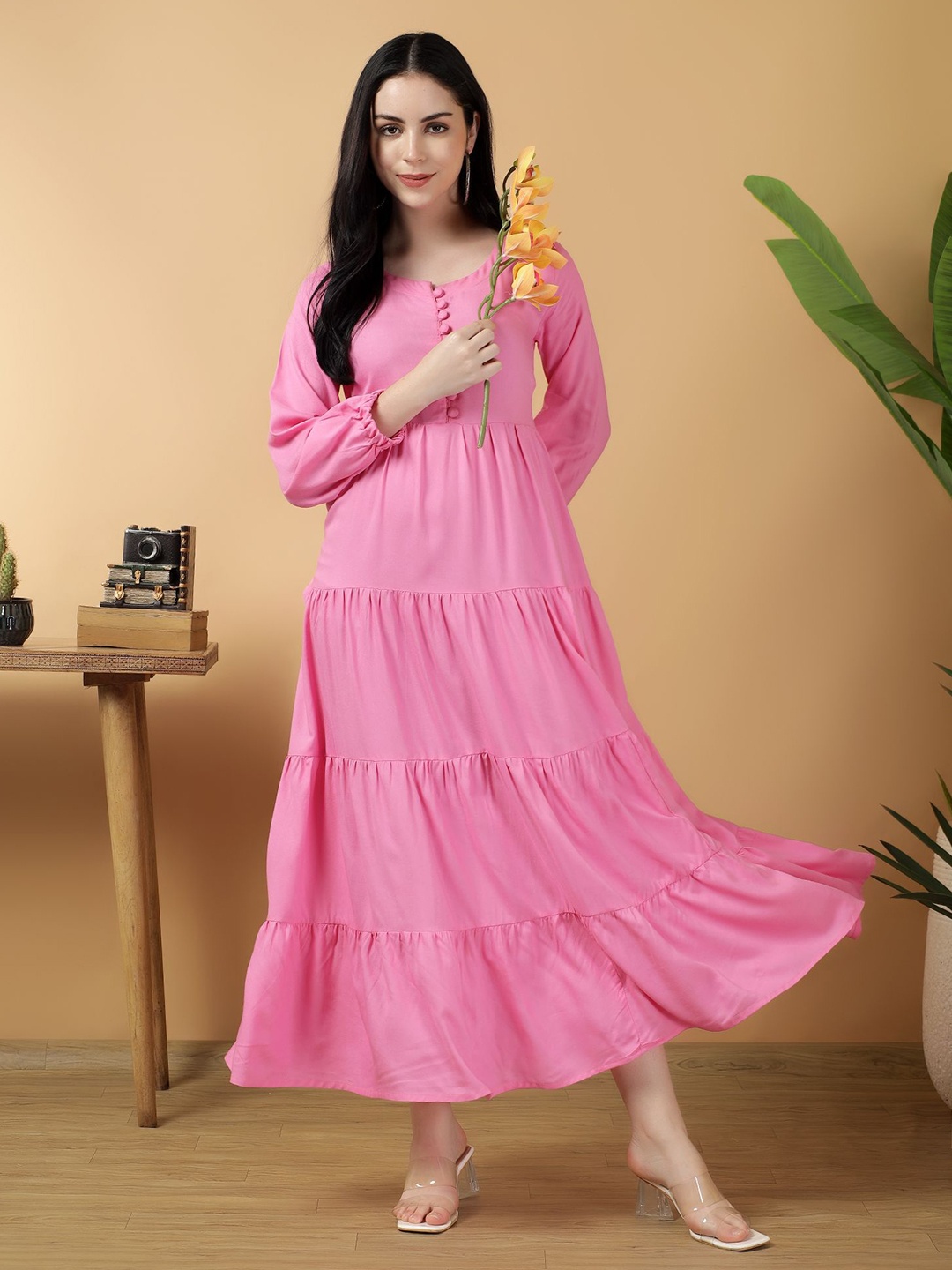 

BAESD Women Round Neck Fit & Flare Maxi Dress, Pink