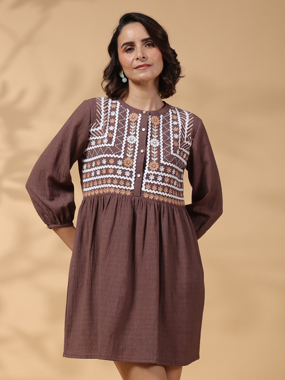 

STIL O STITCH Women Embellished A-Line Dress, Brown