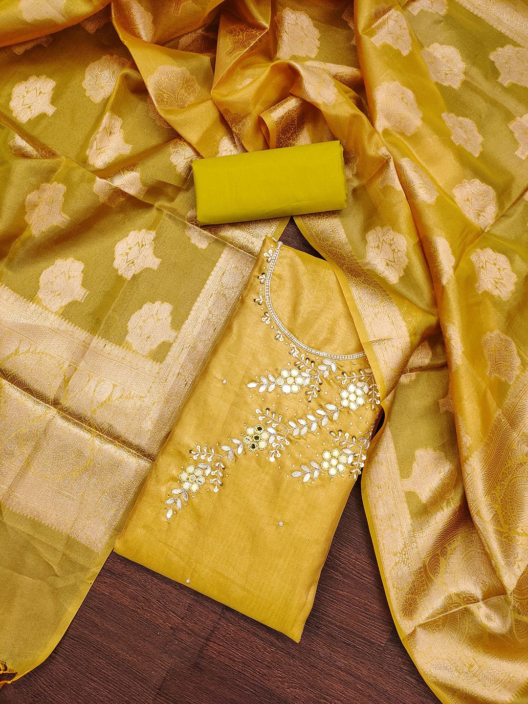 

SHADOW & SAINING Floral Embroidered Beads and Stones Organza Unstitched Dress Material, Yellow