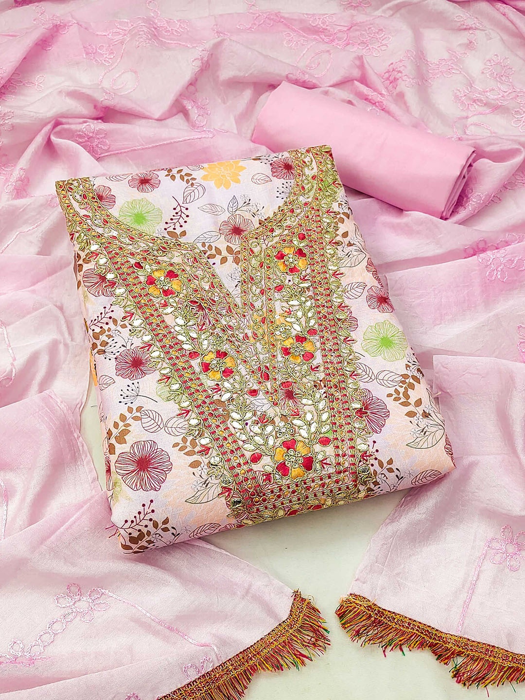 

SHADOW & SAINING Floral Printed Zari Work Unstitched Dress Material, Pink