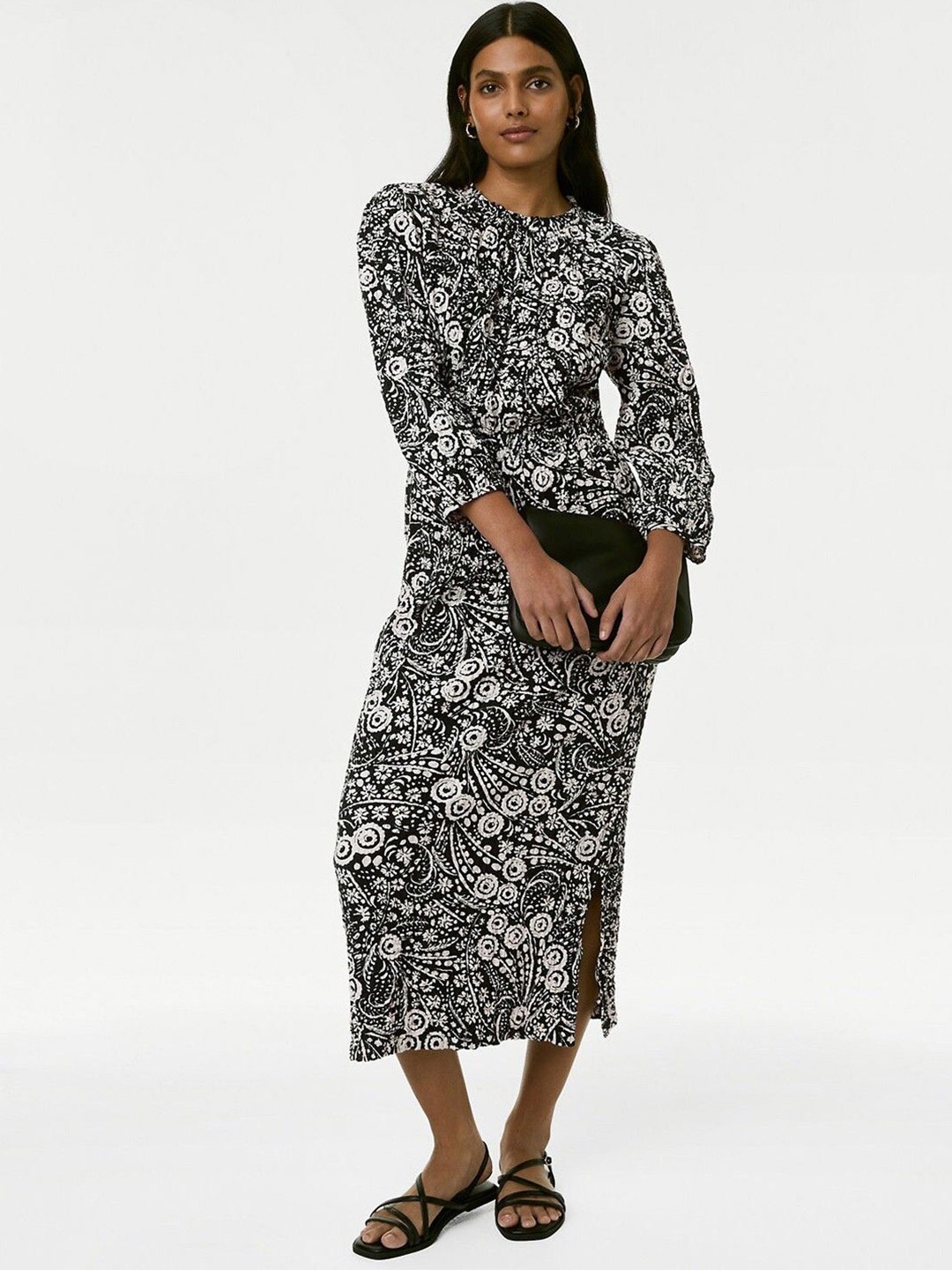

KALINI Women Printed Ruffled Maxi A-Line Dress, Black