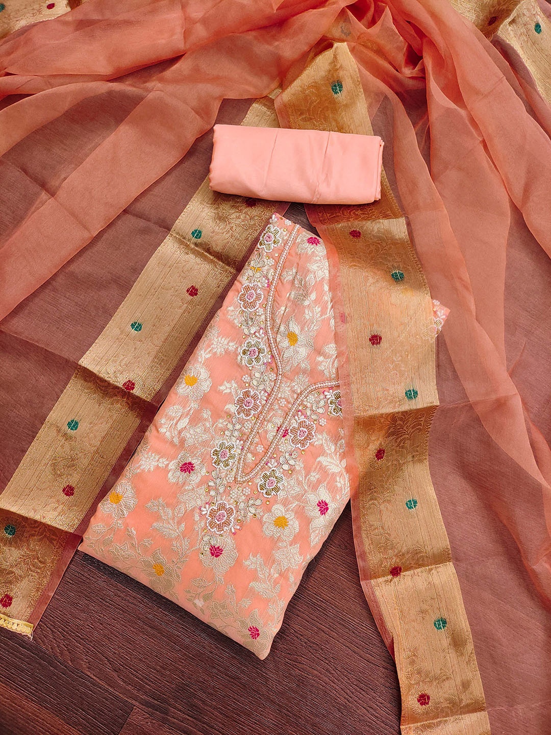 

SHADOW & SAINING Floral Woven Design Beaded Semi-Stitched Dress Material, Peach
