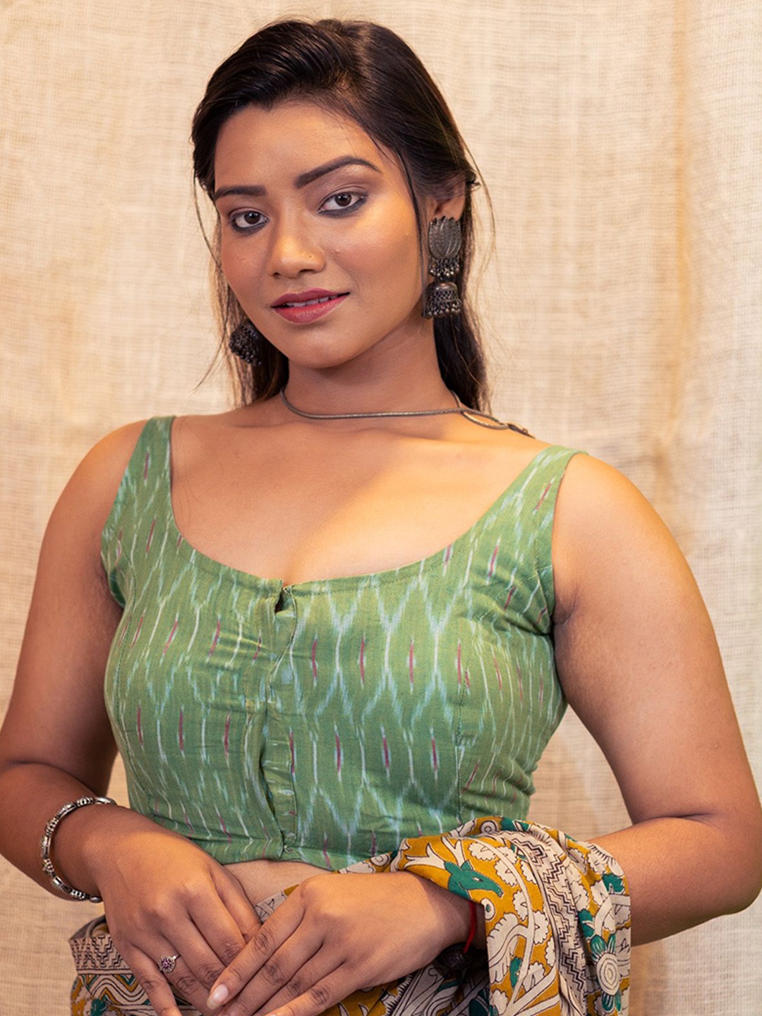 

Uttariya Printed Cotton Round Neck Saree Blouse, Green