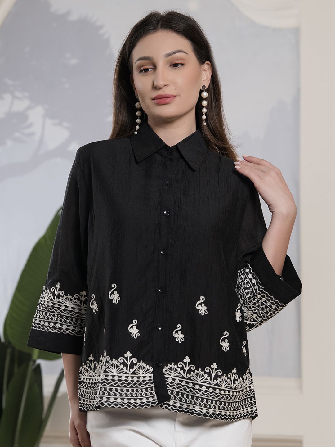 

Albion By CnM Embroidered Cotton Shirt Collar Shirt Style Top, Black