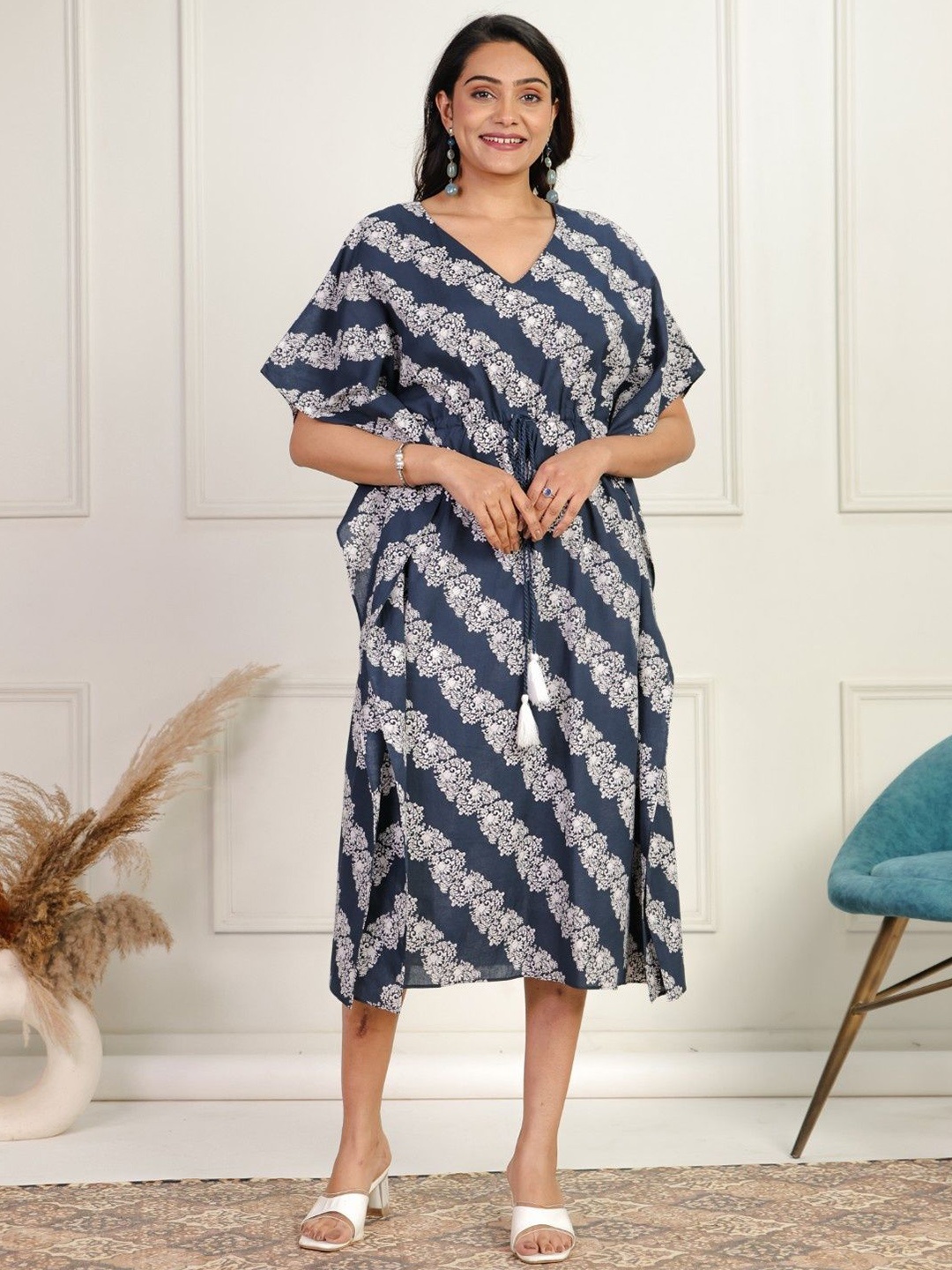 

Aramya Floral Print Kimono Sleeve A-Line Midi Dress, Blue