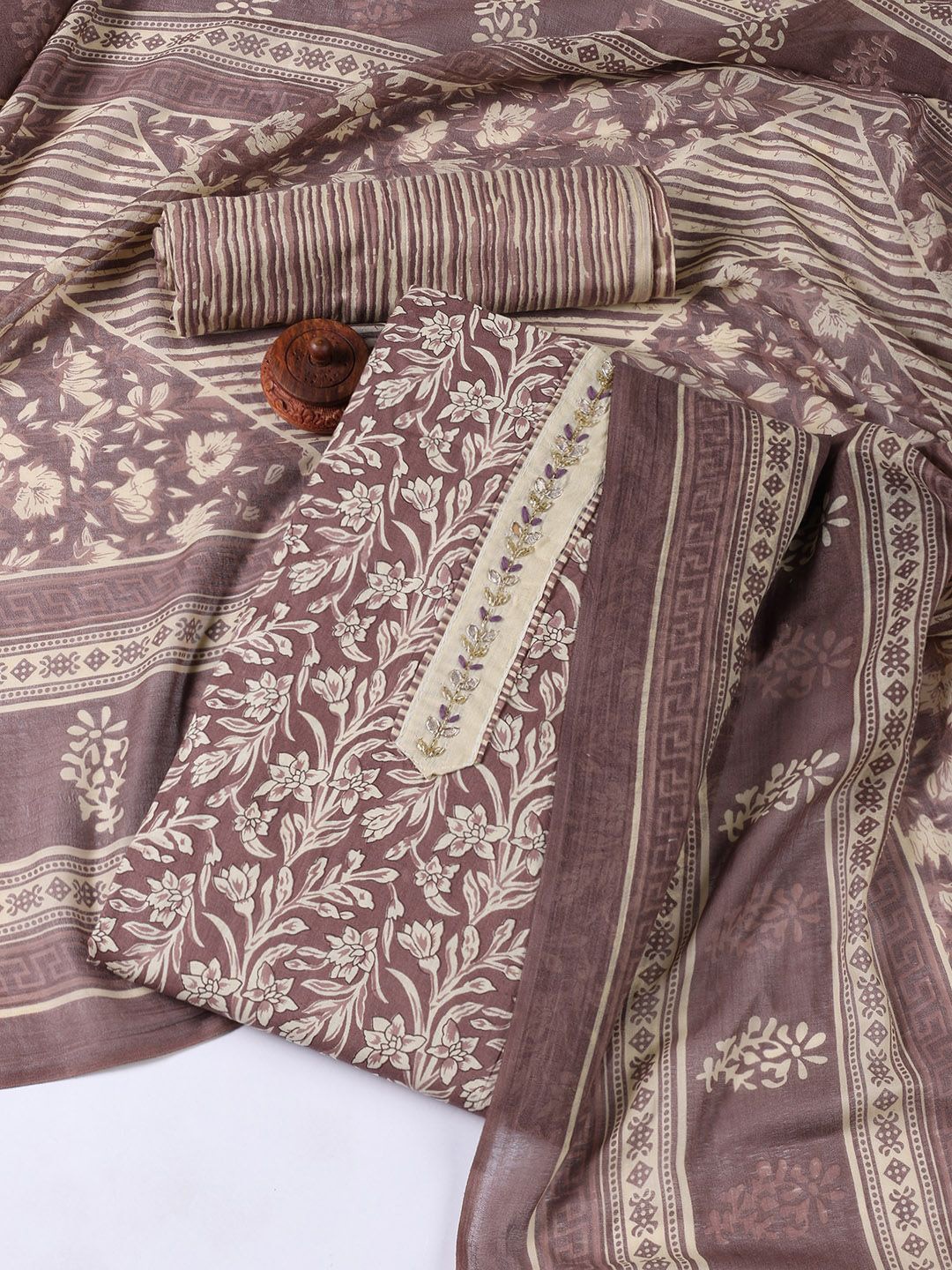 

Meena Bazaar Printed Unstitched Dress Material, Brown