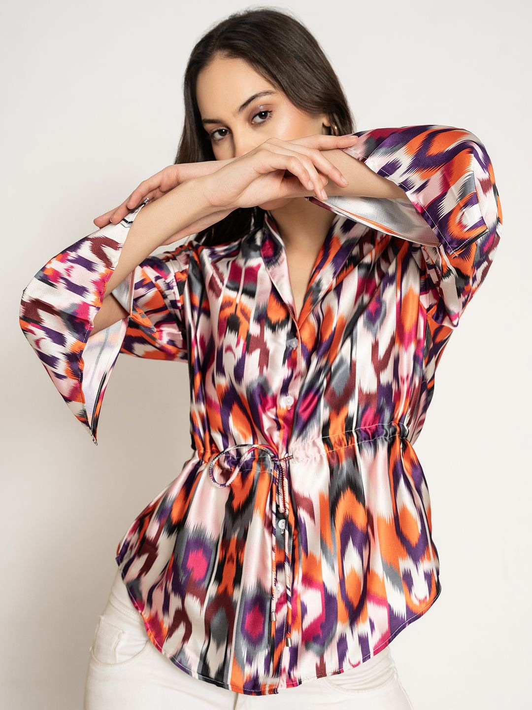 

Lounge Dreams Print Kimono Sleeve Satin Shirt Style Top, Multi