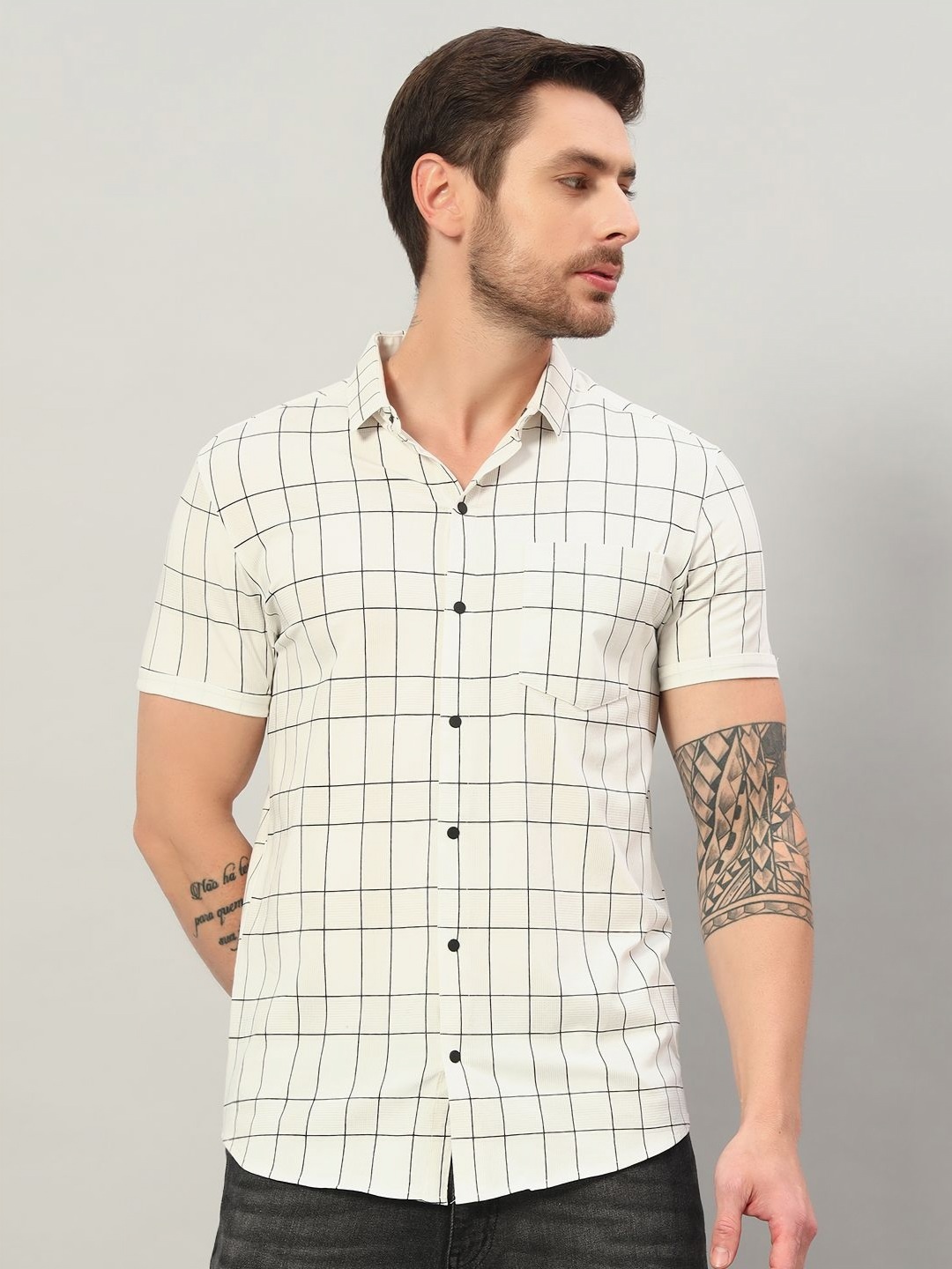 

PROFY Men Checked Cotton Slim Fit Casual Shirt, White