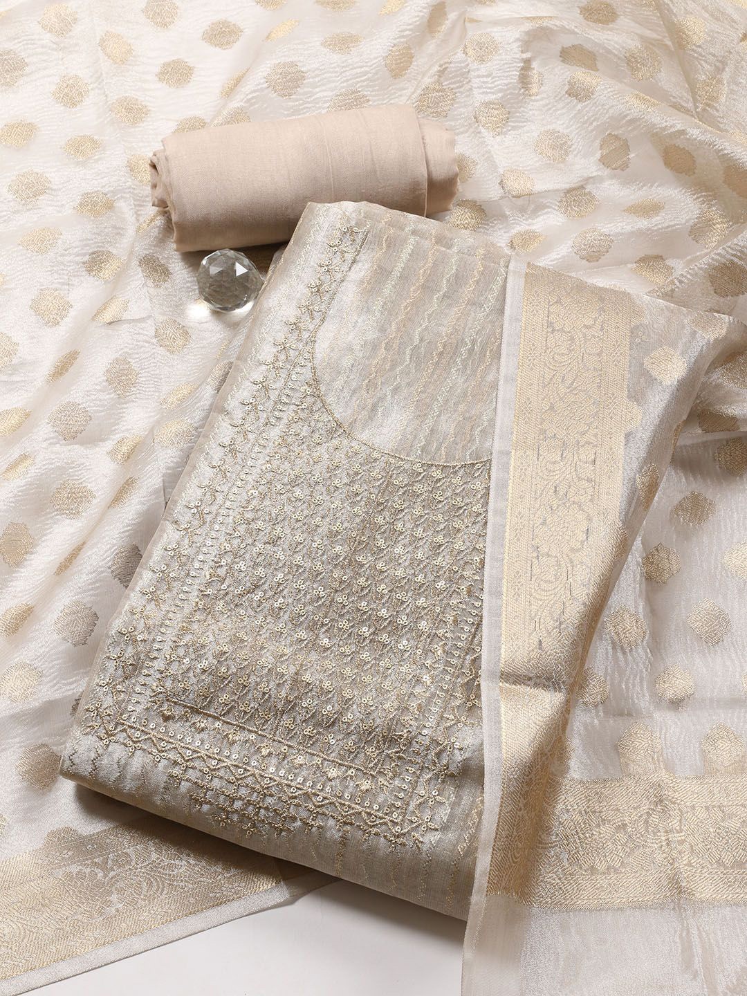 

Meena Bazaar Embroidered Sequinned Tissue Unstitched Dress Material, Beige