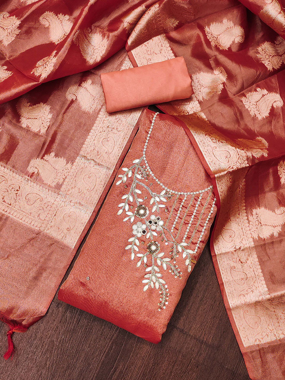 

SHADOW & SAINING Floral Embroidered Gotta Patti Semi-Stitched Dress Material, Rust
