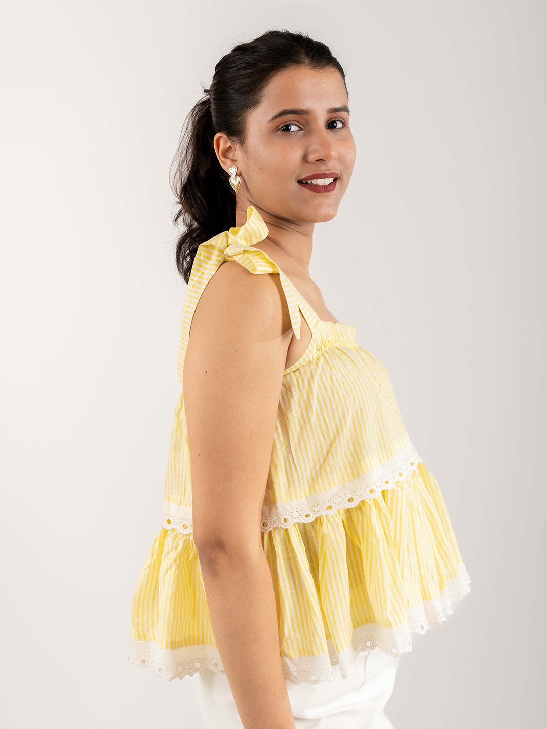 

MONOMEE Women Striped Cotton Top, Yellow