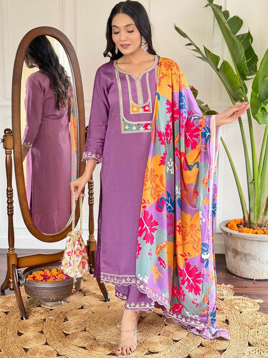 

Lilots Floral Embroidered Sequinned Notch Neck Straight Kurta With Trousers And Dupatta, Purple