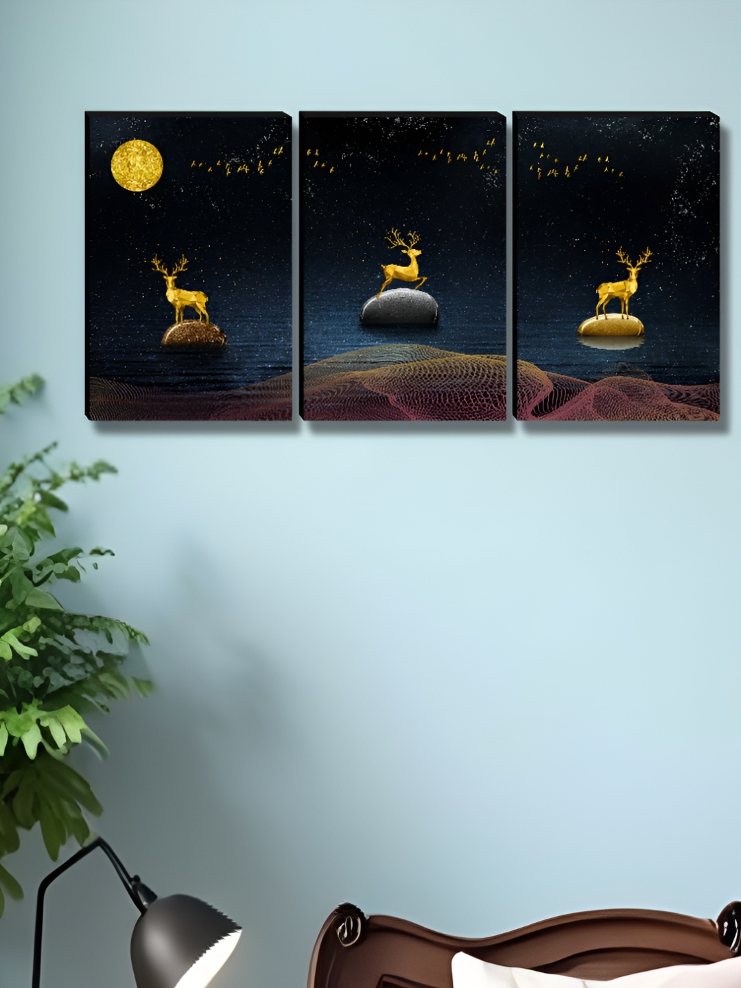 

Myntra Elegant Homes Navy Blue & Gold-Toned 3 Pieces Birds And Animals Printed Wall Arts