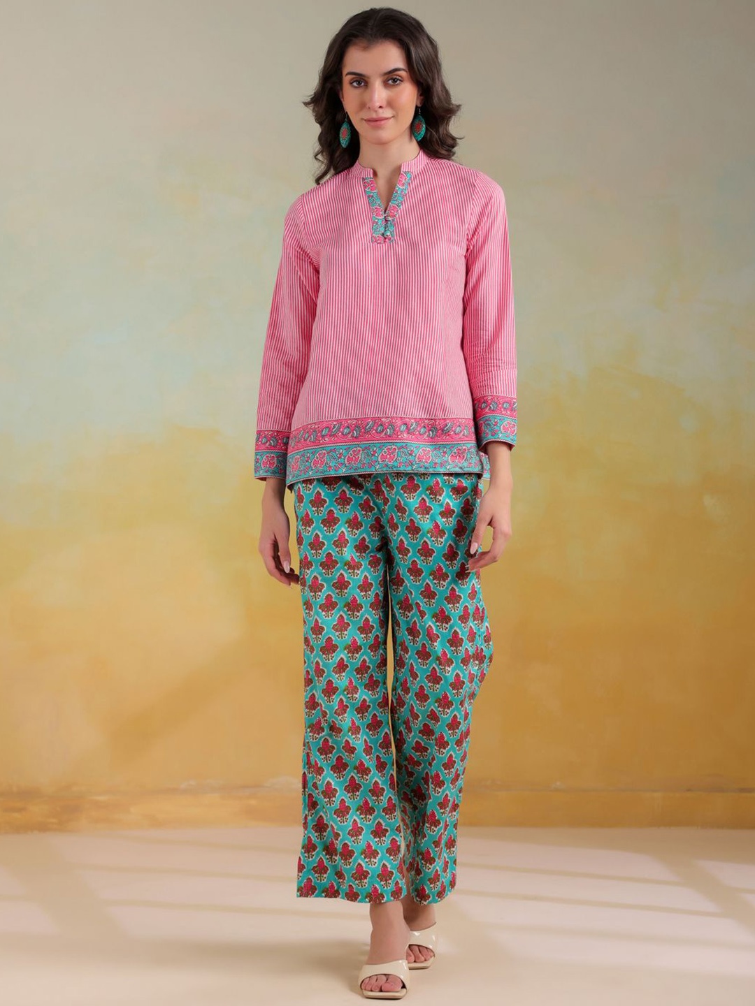 

RangDeep Striped Mandarin Collar Pure Cotton Top With Trousers, Pink