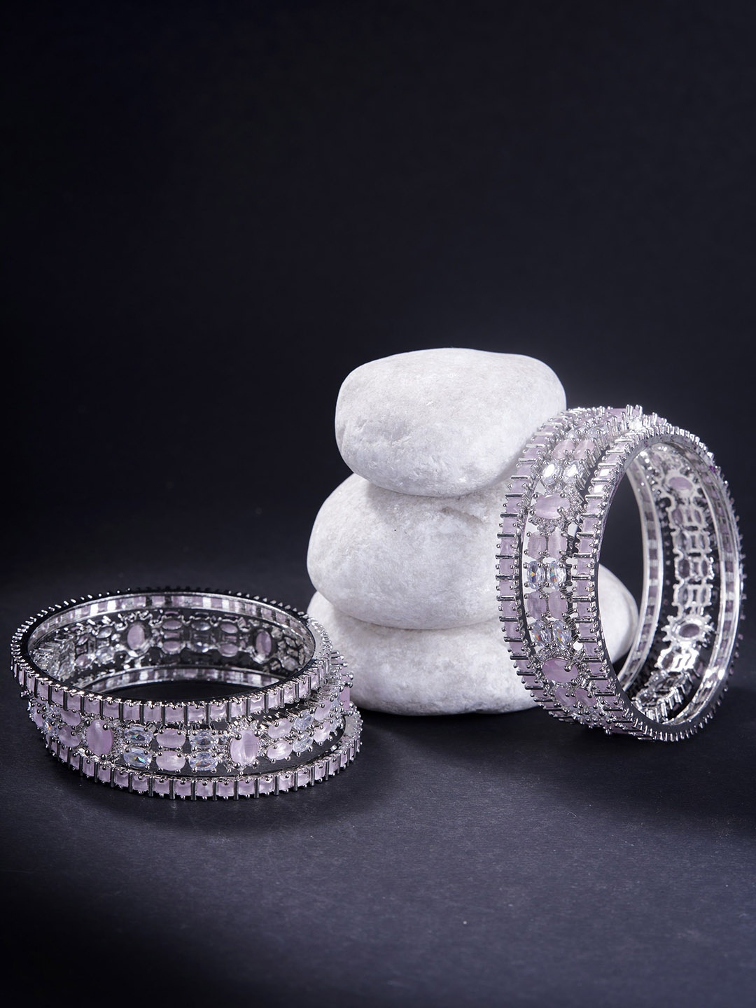 

Opal Touch Set Of 6 Rhodium-Plated AD Studded Bangles, Pink