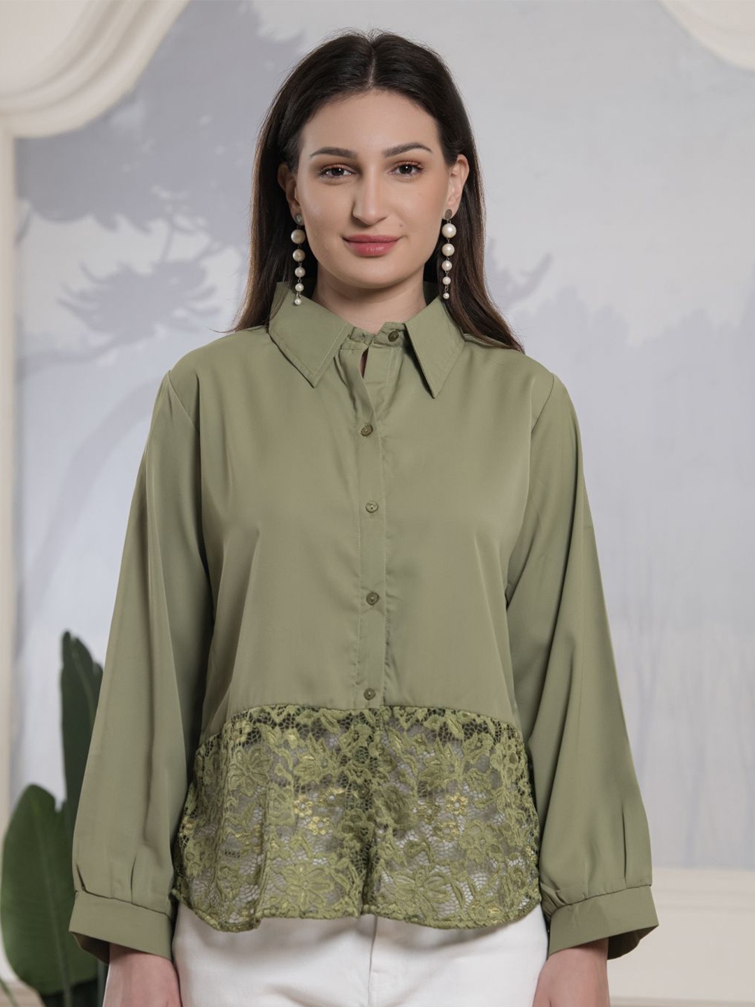 

Albion By CnM Solid Shirt Collar Cotton Blouson Top, Green