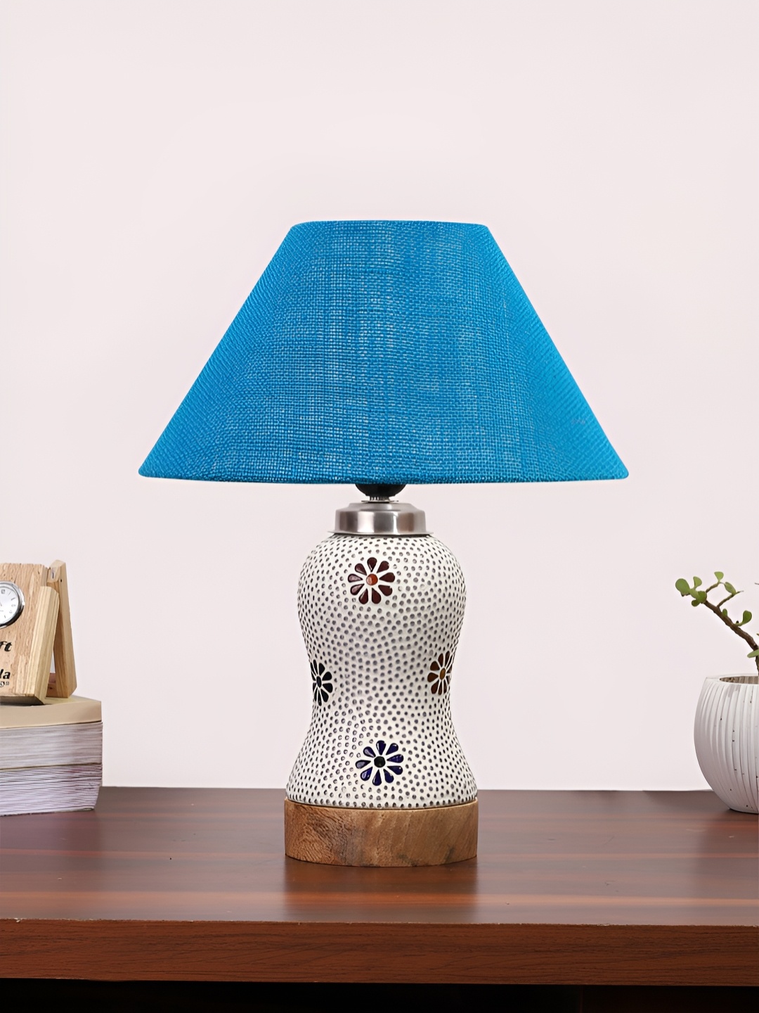 

Devansh Turquoise Blue Printed Wooden Frustum Shaped Table Lamp With Mosaic Glass Base