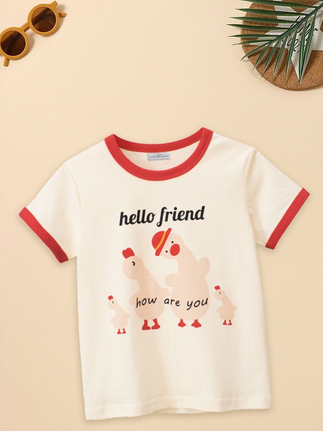 

FOREVER FRIDAY Girls Graphic Printed Round Neck Short Sleeves Pure Cotton T-shirt, Off white