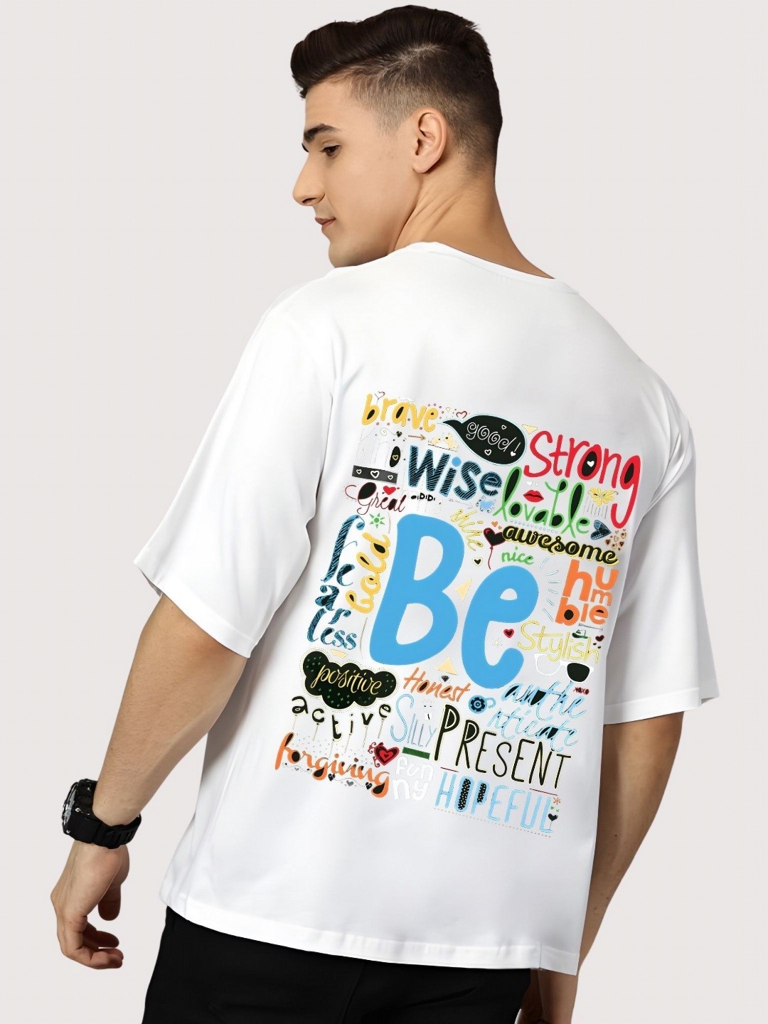 

SZN Men Typography Printed Round Neck Cotton Oversized T-shirt, White