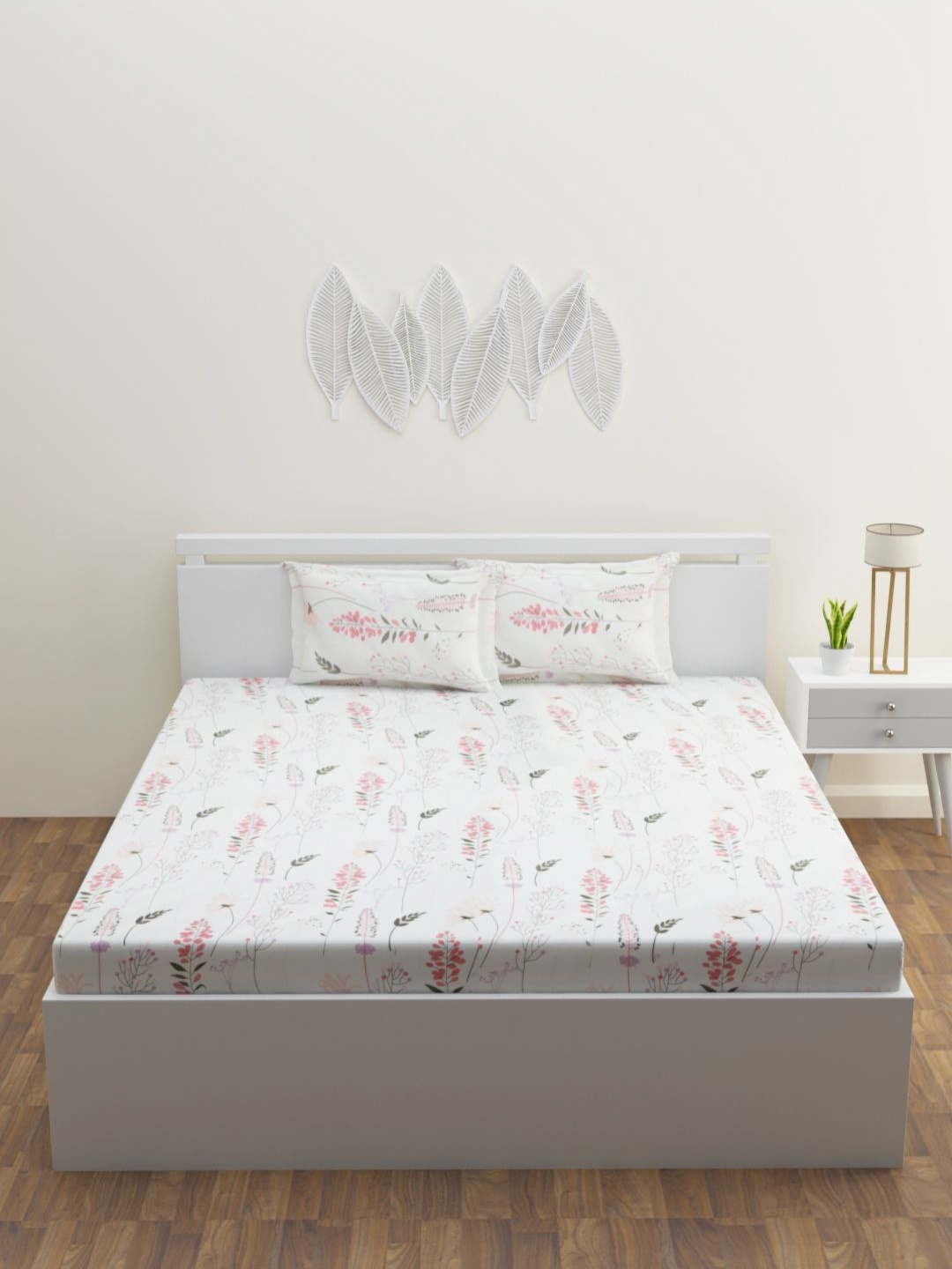 

HOME AFFAIRS Cream & Pink Floral Printed 160 TC Single Bedsheet Set 1.52 m x 2.28 m