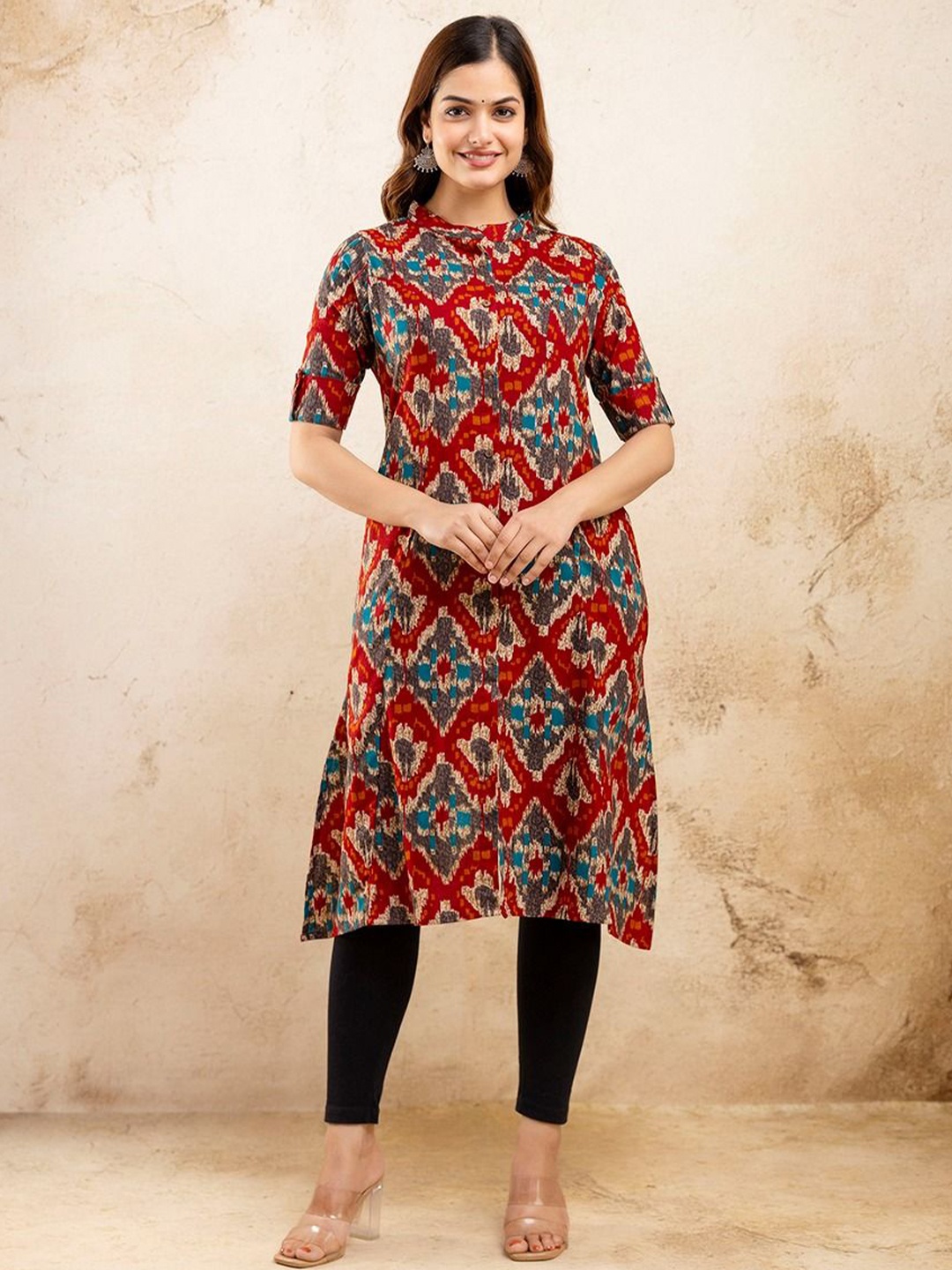 

TRIVEDI Ethnic Motifs Printed Pure Cotton Mandarin Collar A-Line Kurta, Maroon