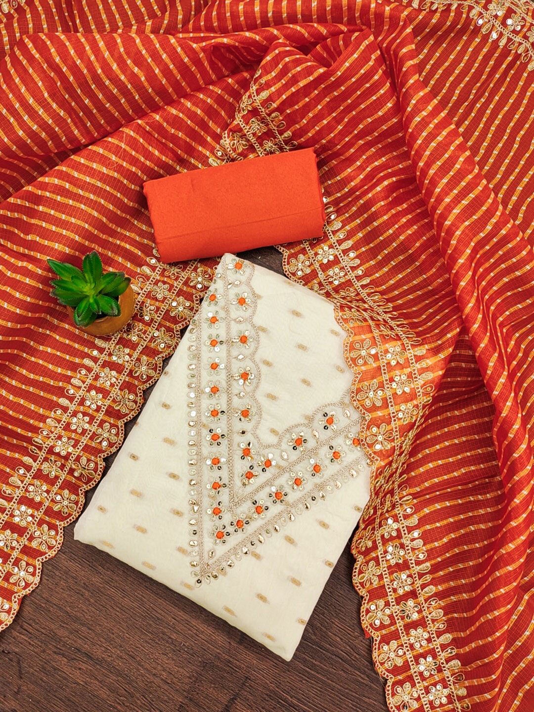 

SHADOW & SAINING Floral Embroidered Chanderi Silk Unstitched Dress Material, White