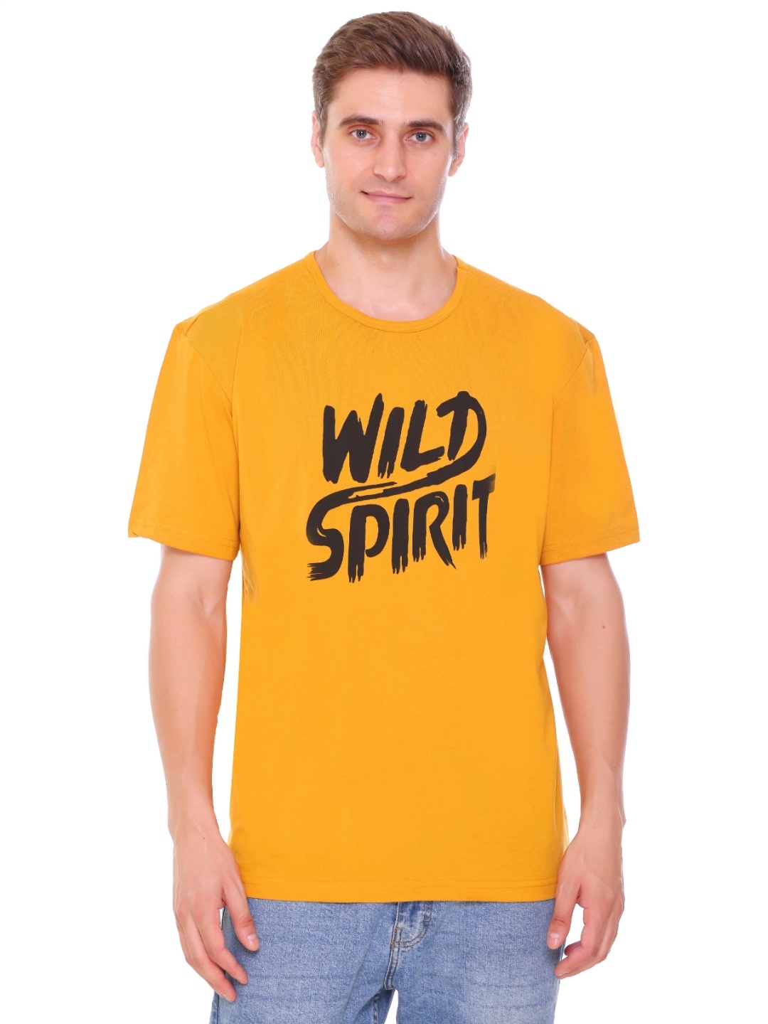 

Colors and Blends Graphic Printed Round Neck Cotton T-shirt, Mustard