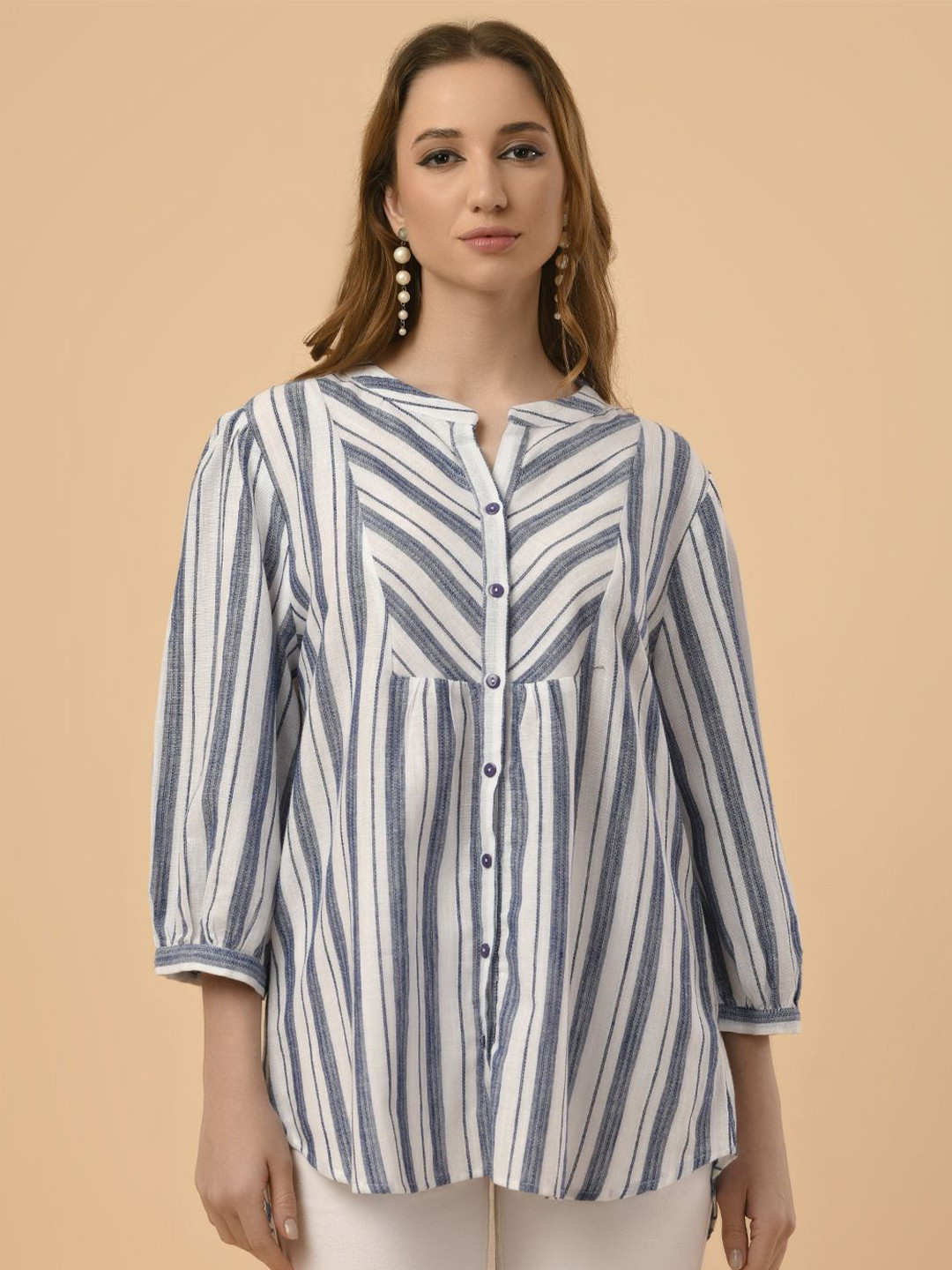 

Albion By Cnm Women Striped Mandarin Collar Neck Shirt Style Top, Na